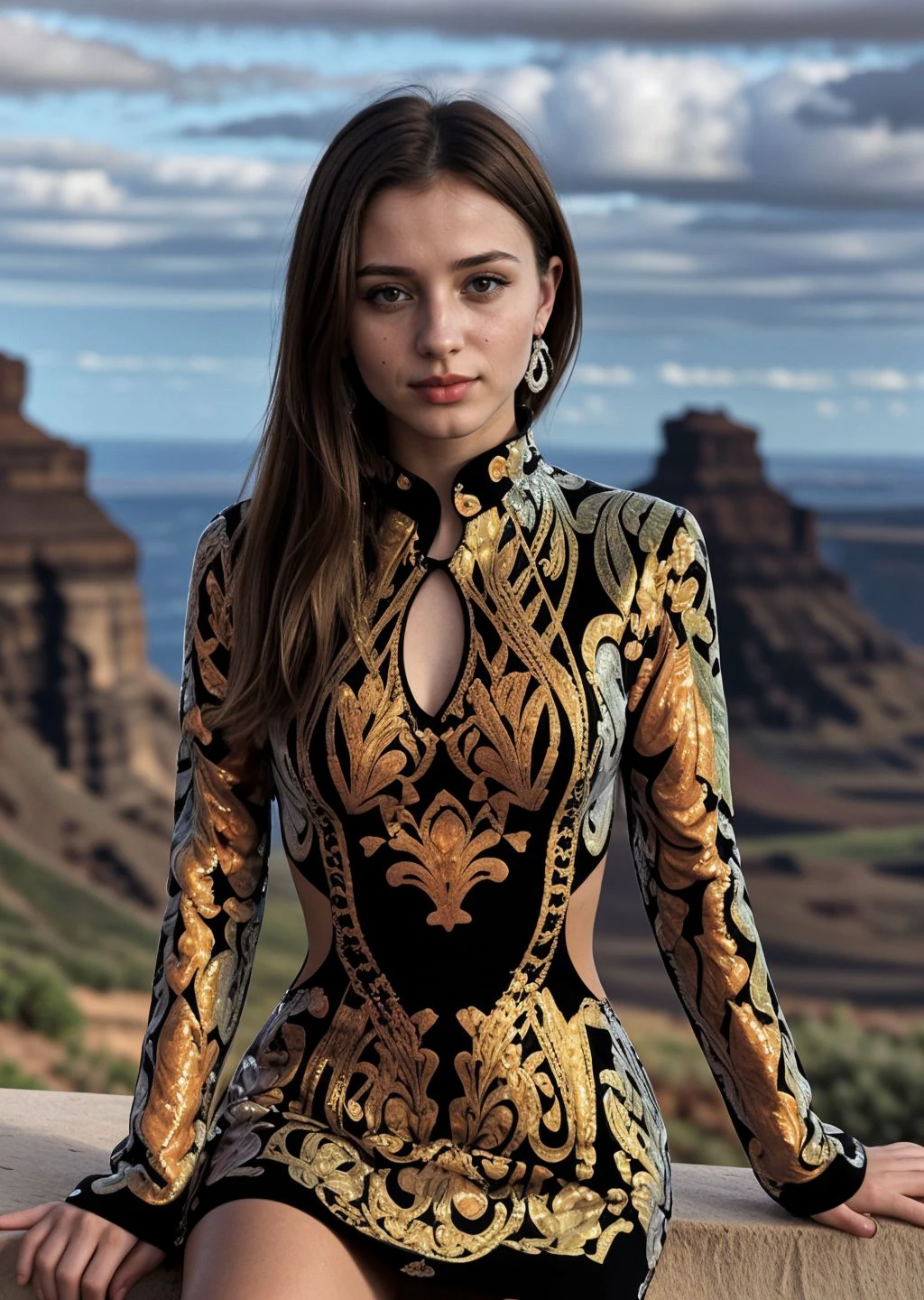 photo of a young ukrainian woman, wearing a (orange) baroque-patterned longsleeve minidress <lora:CrunchyBanana_baroque_minidress:1>, sitting in Timanfaya National Park