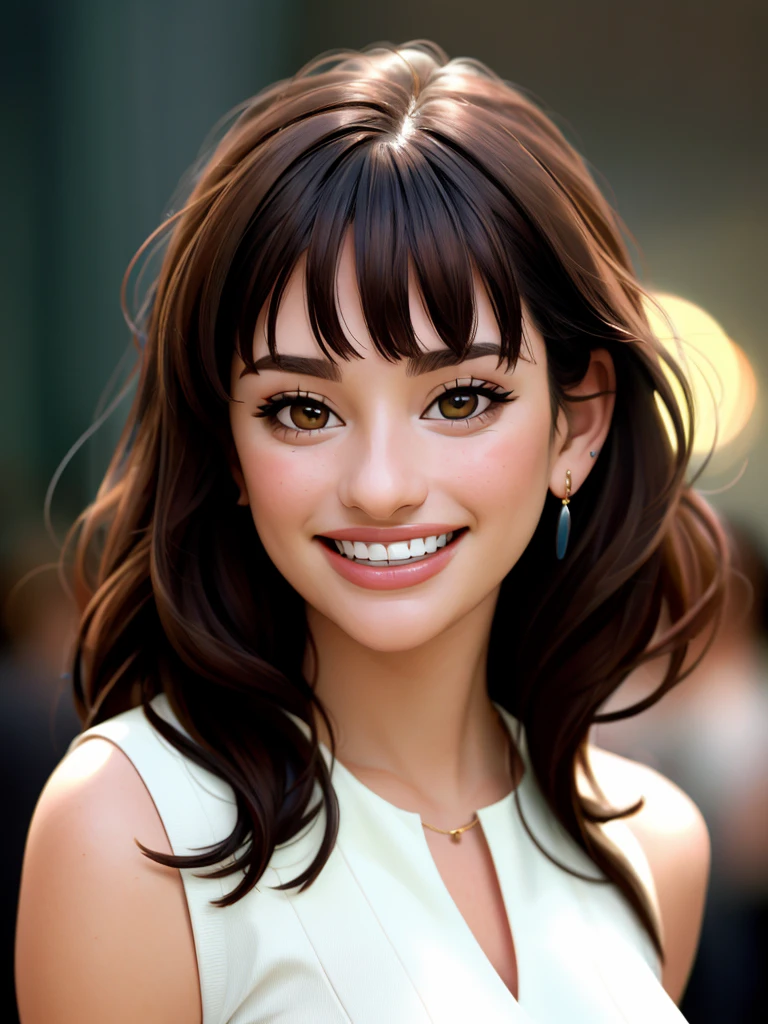 Realistic photo of a beautiful l34m1ch3l3 woman, 1girl, solo, long hair, looking at viewer, smile, bangs, brown hair, shirt, brown eyes, jewelry, earrings, teeth, grin, blurry, blurry background, portrait, realistic, soft Lighting, professional Photography, Photorealistic, detailed, RAW, analog, sharp focus, 8k, HD, DSLR, high quality, Fujifilm XT3, film grain, award winning, masterpiece<lora:l34m1ch3l3:1.0>