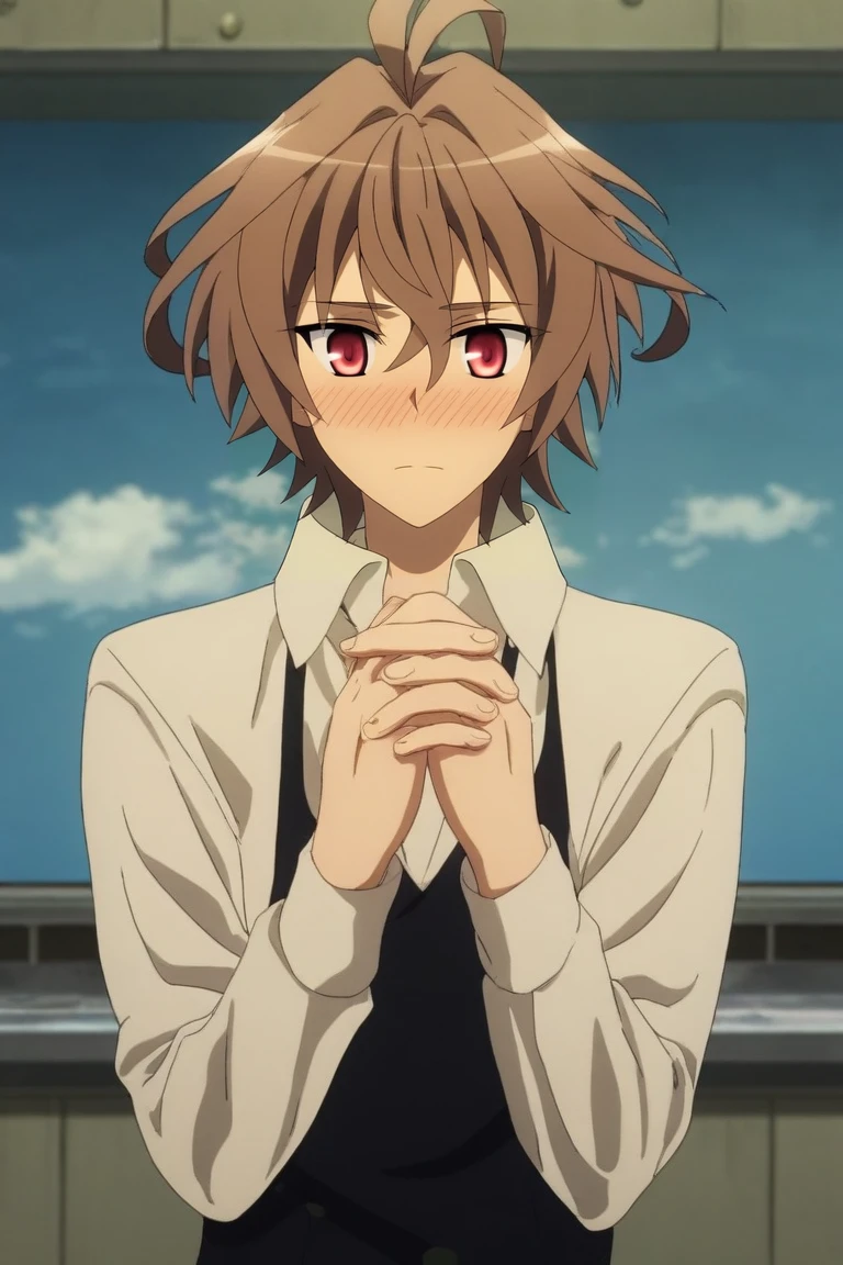 score_9, score_8_up, score_7_up, source_anime, rating_safe, , semi-realistic, , depth of field, 1boy, solo, male focus, <lora:sieg_fate_apocrypha_pony:1>, sieg_fate_apocrypha, brown hair, red eyes, short hair, hair between eyes, bangs, ahoge, from afar, full body, kitchen, day, clouds, own hands together, embarrassed, nose blush, , <lora:sdxl_lightning_8step_lora:1>