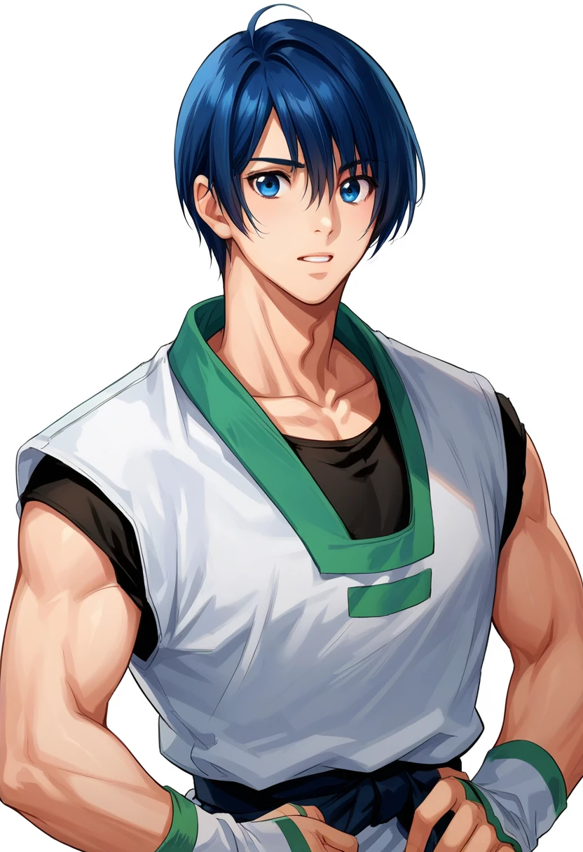 score_9, score_8_up, score_7_up, masterpiece, best quality, amazing quality, best aesthetic, ,absurdres, kim jae hoon, blue hair, blue eyes, fingerless gloves, barefoot, white with green karate gi, source_,score_9_up<lora:EMS-367782-EMS:1.000000>