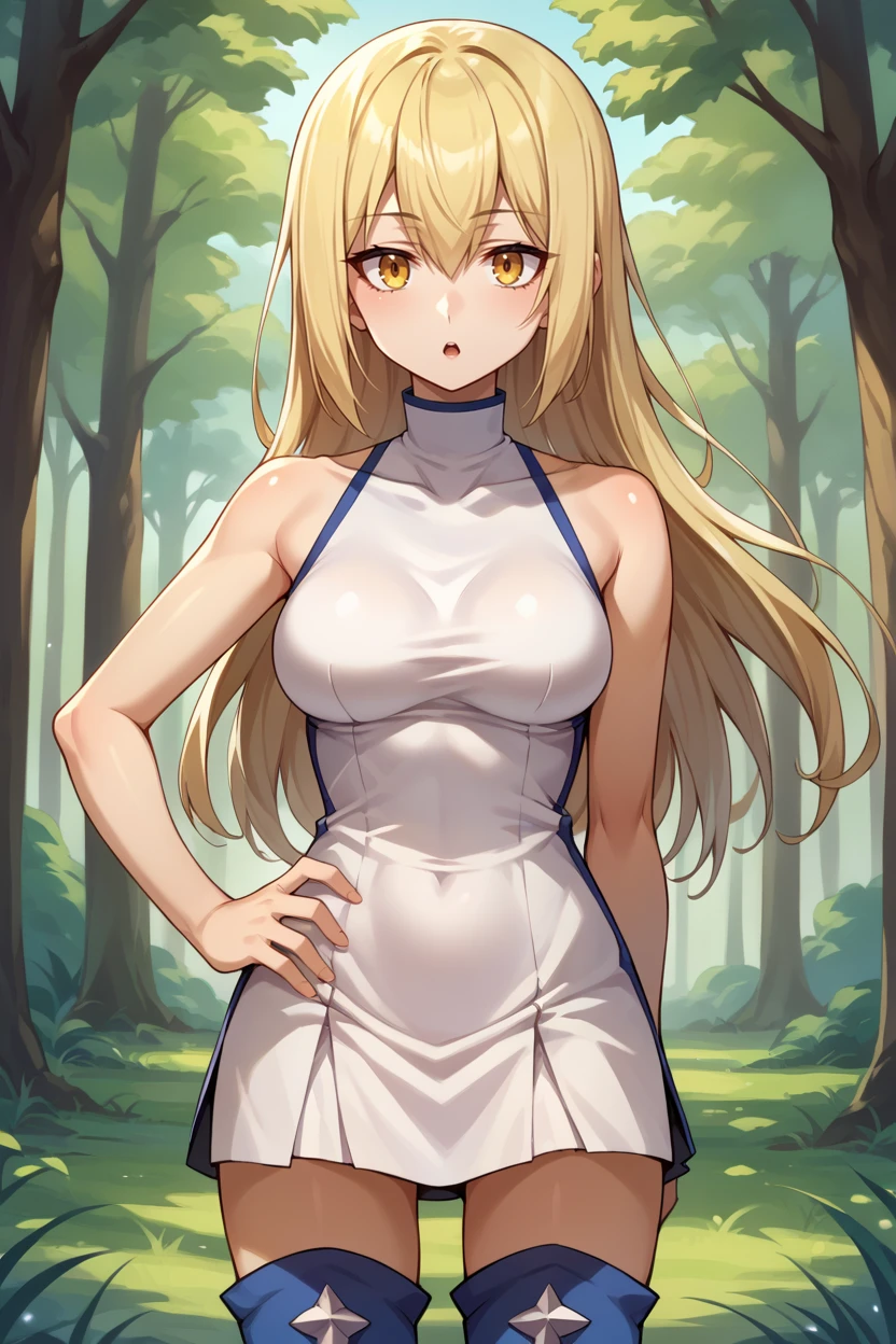score_9, score_8_up, score_7_up, score_6_up, source_anime, BREAK 1girl, solo <lora:aiswallenstein-pdxl-nvwls-v1:1> ais wallenstein, white turtleneck, white dress, sleeveless, short dress, thigh boots, medium breasts, hand on hip, chestnut mouth, looking at you, forest