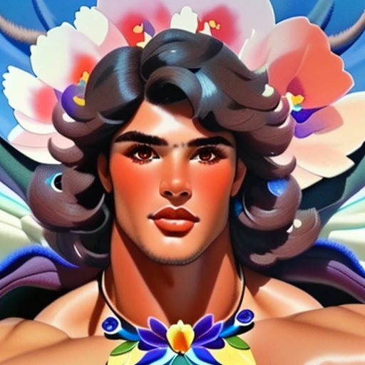 watercolor, drawing, male, muscular, wearing floral necklace, long hair, dark hair, brown hair, large floral background, blue backdrop, shirtless, torso shot, brown eyes, blue cape behind subject,