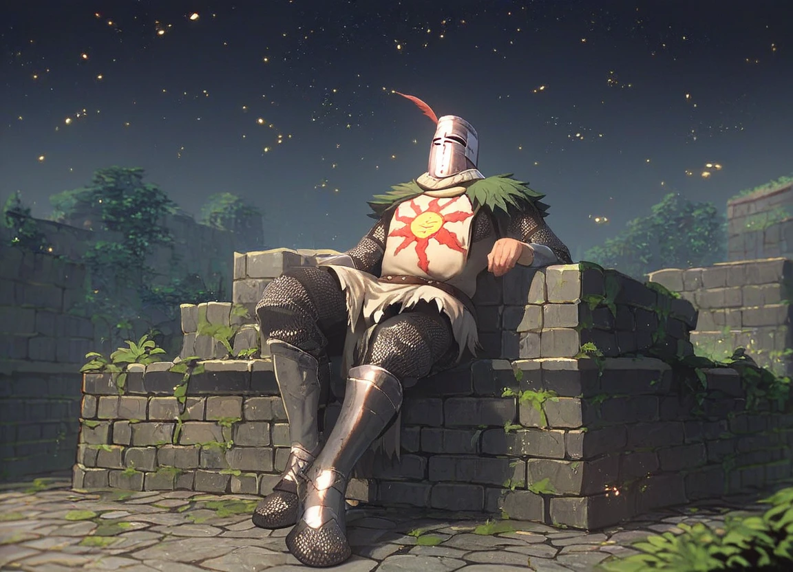 score_9, score_8_up, score_7_up, score_6_up, score_5_up, score_4_up, solaire dark souls chainmail armor knight male solo reclining, tabard helmet boots, dark night starry_sky rubble stone bricks dramatic_lighting embers, <lora:Solaire__Dark_Souls__PonyXL:0.9> <lora:vintage_field:0.7> outdoors scenery