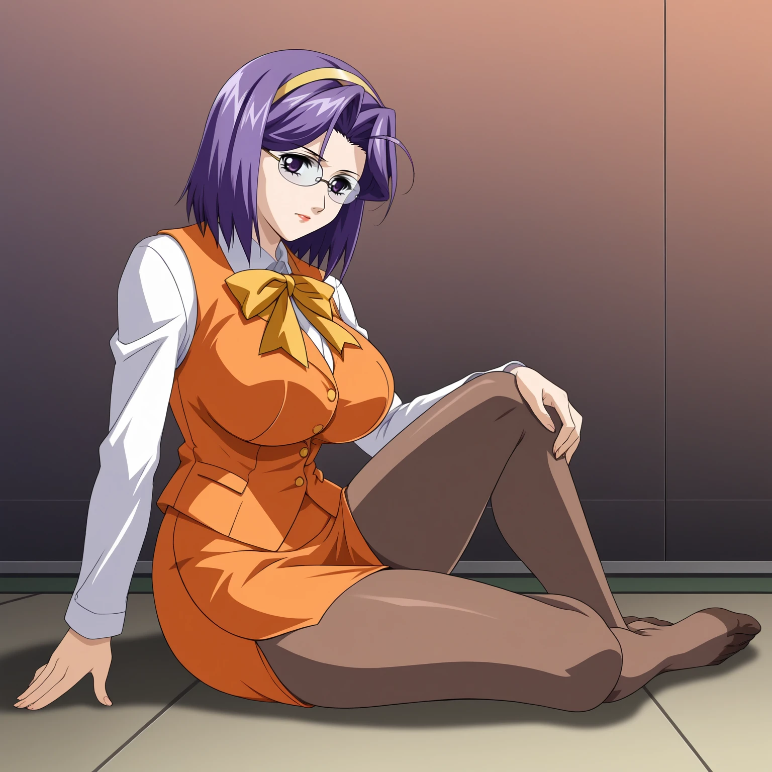 <lora:ChisaSakuraiXLpony001>,
solo,
ChisaSakurai,1girl,purple hair,hair band,medium hair,purple eyes,eyewear,large breasts,
orange suit,skirt_suit,yellow ribbon tie,white shirt,vest,long_sleeves,
pencil_skirt,
brown pantyhose,
squatting,