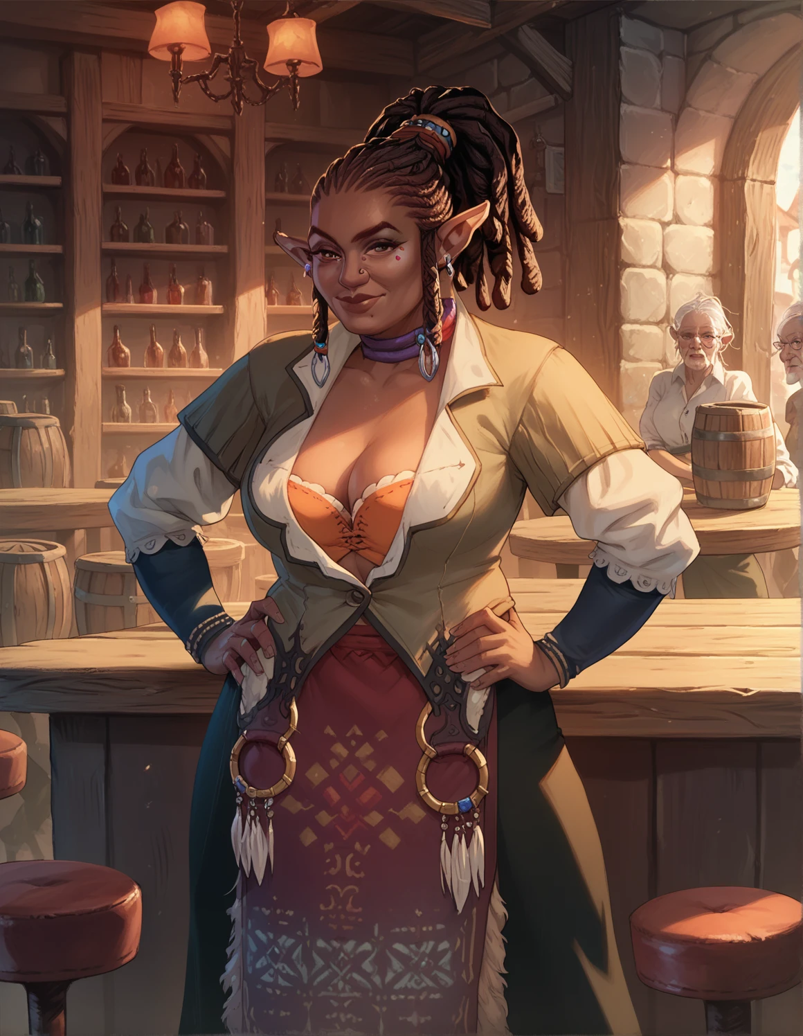 score_9, score_8_up, score_7_up, score_8, score_7, 1girl, tptlma, solo, cleavage, dreadlocks, old woman, washrag, standing, hands on own hips, 
<lora:tp_telma_tptlma_ponyxl_v5:1>
tavern, fantasy, bar \(place\), upper body, face jewel,