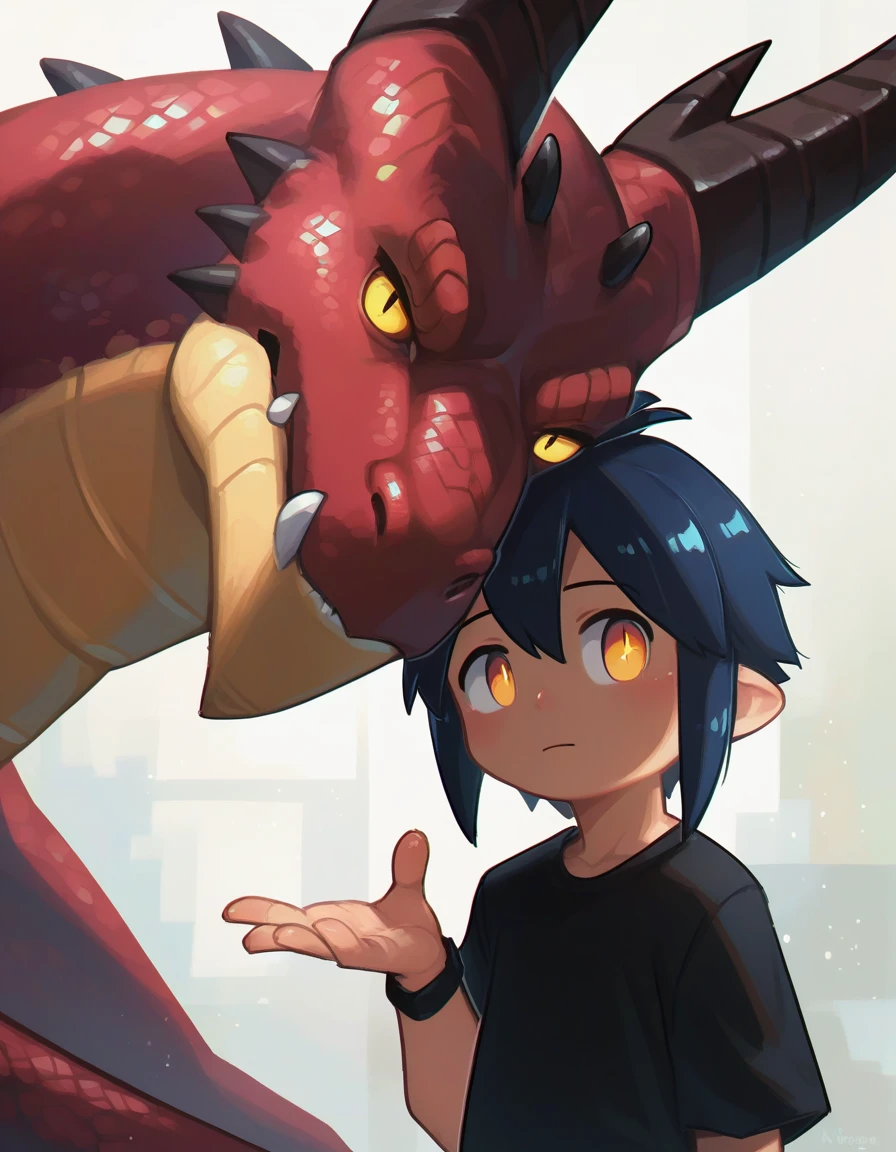 score_9, score_8_up, score_7_up,score_6_up, rating_safe, a human boy with a dragon behind him, the human is smuging, shiny eyes, 1boy, dragon, <lora:porforever_style_pony6_v1:.8> looking at viewer