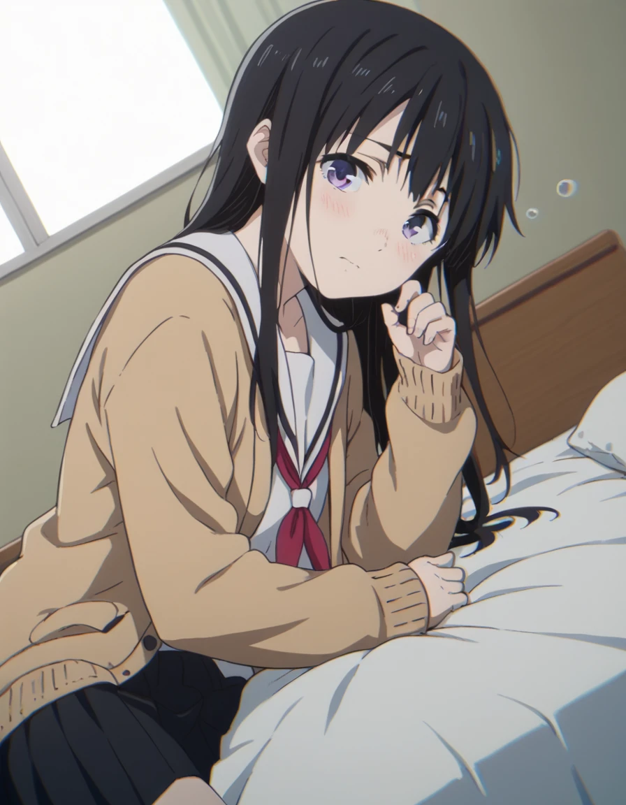 Masterpiece, top quality, high resolution, solo, purple eyes, indoors, stripped clothes, white cute underwear, lying down, embarrassed, anxious, bed, disheveled clothes, orange sunset, dim, high school student in nursery room, double peace, sweat, through, trembling, line, black hair