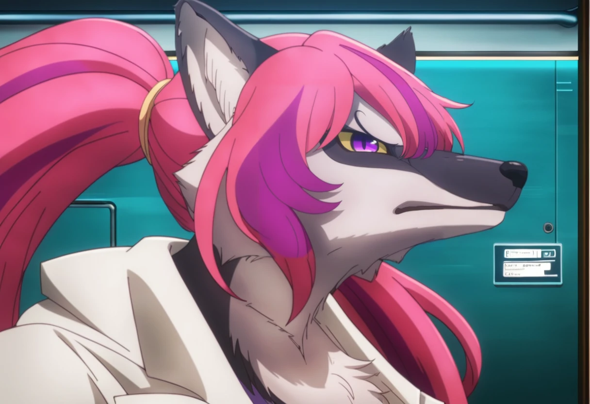 score_9, score_8_up, score_7_up, score_6_up, score_5_up, score_4_up, score_9, score_8_up, score_7_up, (solo), best quality, (thick lines), anime, (solo), laboratory, metal walls, side view, dynamic pose:1.2, eye focus, close up, face focus, lcd screens
AND
tall athletic kemono female anthro fox throwing punching with an angry expression,, grey fur, (chest tuft):1.2, extremely fluffy, lab coat, long pink hair, caterina-sue, <lora:caterina_lora_1:1>, detailed eyes, purple eyes, yellow sclera, extended arm