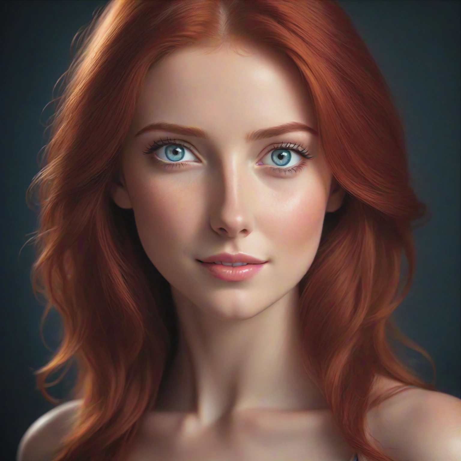 a close up from a gorgeous red haired girl, beautiful detailed radiant red hair, long hair, beautiful detailed gray-blue eyes,  portrait, shy smile,
(masterpiece:1.2), (best quality:1.2), ultra-detailed, best shadow, detailed background, high contrast, (best illumination, an extremely delicate and beautiful), ((cinematic light)), hyper detail, dramatic light, intricate details, 8k,  very aesthetic, ((realistic)),