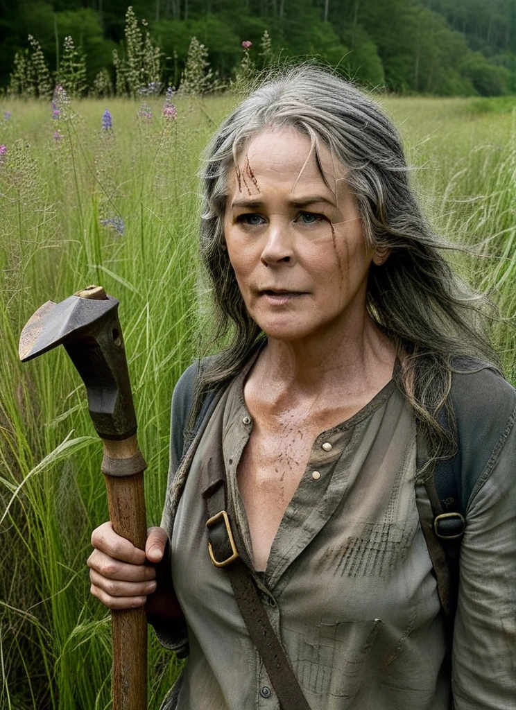 cinematic still of (TWDCarol) walking through tall grass and wildflowers, detailed face, weathered skin, carrying a railroad hammer, focus on face, clean, long messy grey hair, narrow depth of field, <lora:TWDCarol:1>