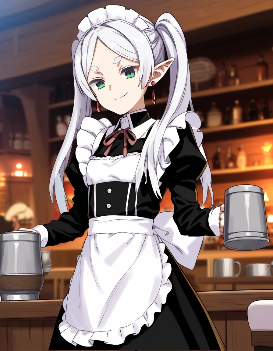 score_9, score_8_up, score_7_up, source anime, rating safe BREAK 1girl, solo, smug, :3, Frieren, green eyes, white hair, long hair, twintails, thick eyebrows, earrings, maid outfit, cowboy shot,  tavern, detailed background, holding cup, tankard
<lora:ChamFrierenPonyXLCame:0.6>
<lora:rokkaku_pony-v1-000010:0.8>