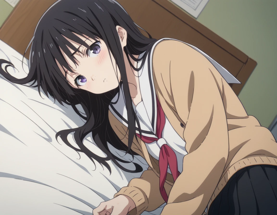 score_9, score_8_up, score_7_up, source_anime,
naokaueno, <lora:naoka-ueno-movie-ponyxl-lora-nochekaiser:1>,
naoka ueno, long hair, bangs, black hair, purple eyes,
school uniform, serafuku, cardigan, sailor collar, skirt, black skirt, pleated, neckerchief, red neckerchief, open clothes,
indoors, bed, bed room, on side, blush, drunk,
looking at viewer, solo, cowboy shot, dutch angle,