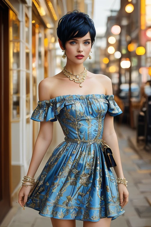 masterpiece,best quality,ultra_detailed,<lora:BellissimaSD1.0:0.8> bellissima, 1girl , <lora:WestwoodStyleSD:1> westwood style, haircut style pixie, dress, shoulder bag ,by Ellen von Unwerth
