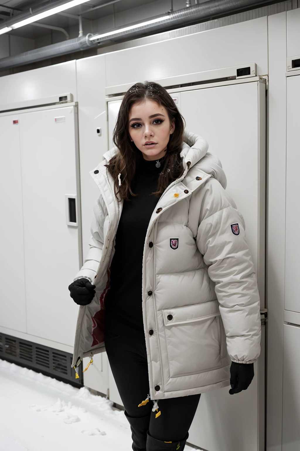 A sexy woman, detailed scene , street photography, girl, lipliner, eyeliner, long icy hair, brown hair, 1girl, posing for camera, (wearing a small black choker, wearing sexy makeup and black eyeliner),
high quality, high resolution, photography, realistic, inside a walk in freezer, extreme cold, freezing cold, shivering, snow, frost, indoors in industrial freezer warehouse, covered in snow, inside, indoors, (black arctic expedition puffy down jacket, massive black puffy down jacket, black extreme cold weather parka, sweater:1.1) <lora:Fjallraven_Expedition:1>