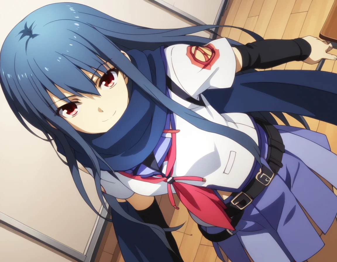 score_9, score_8_up, score_7_up, source_anime,
angelbeatsshiina, <lora:angel-beats-shiina-s1-ponyxl-lora-nochekaiser:1>,
shiina, long hair, red eyes, blue hair,
skirt, school uniform, serafuku, scarf, detached sleeves, belt,
indoors, classroom, bent over, smile,
looking at viewer, solo, cowboy shot, dutch angle,