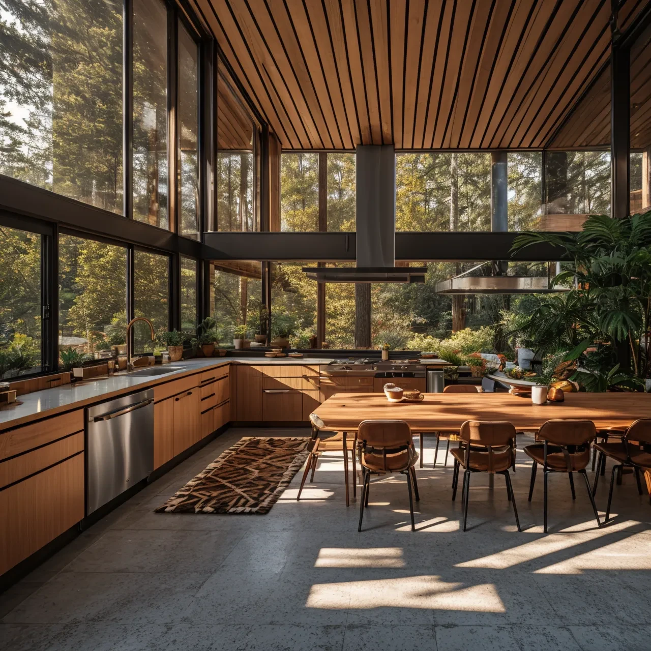 photo, interior, kitchen, mid-century modern, kitchen island,  warm lighting, wooden ceiling, tall window, dining table, living room, potted plant, natural light
wide angle,
<lora:AIDVN_midcentury_modern_interior:0.6>