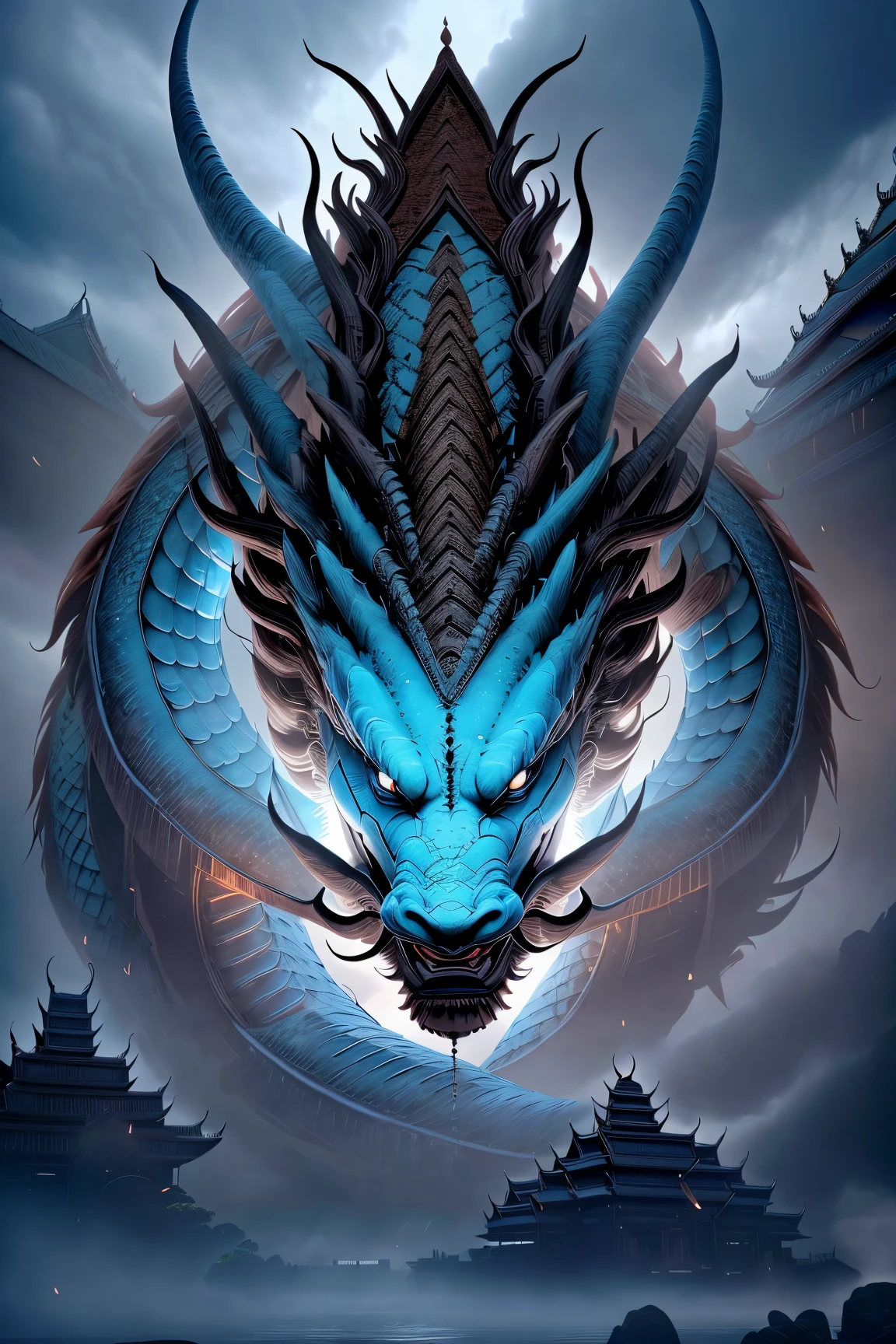 cinematic photo texture (Majestic Primary Blue color chndrg standing under cloudy sky:1.2), Letterboxed view, Ethereal cloud formations, Enigmatic fog, (Warrior man carrying weapon:1.2), Intricate details, Eerie atmosphere, Mysterious hat, Eastern dragon, Legendary monster, (Thai Sukhothai Kingdom Royal Palaces:1.3) <lora:Chinese Dragon v1.04:1> top down close-up . 35mm photograph, film, bokeh, professional, 4k, highly detailed
