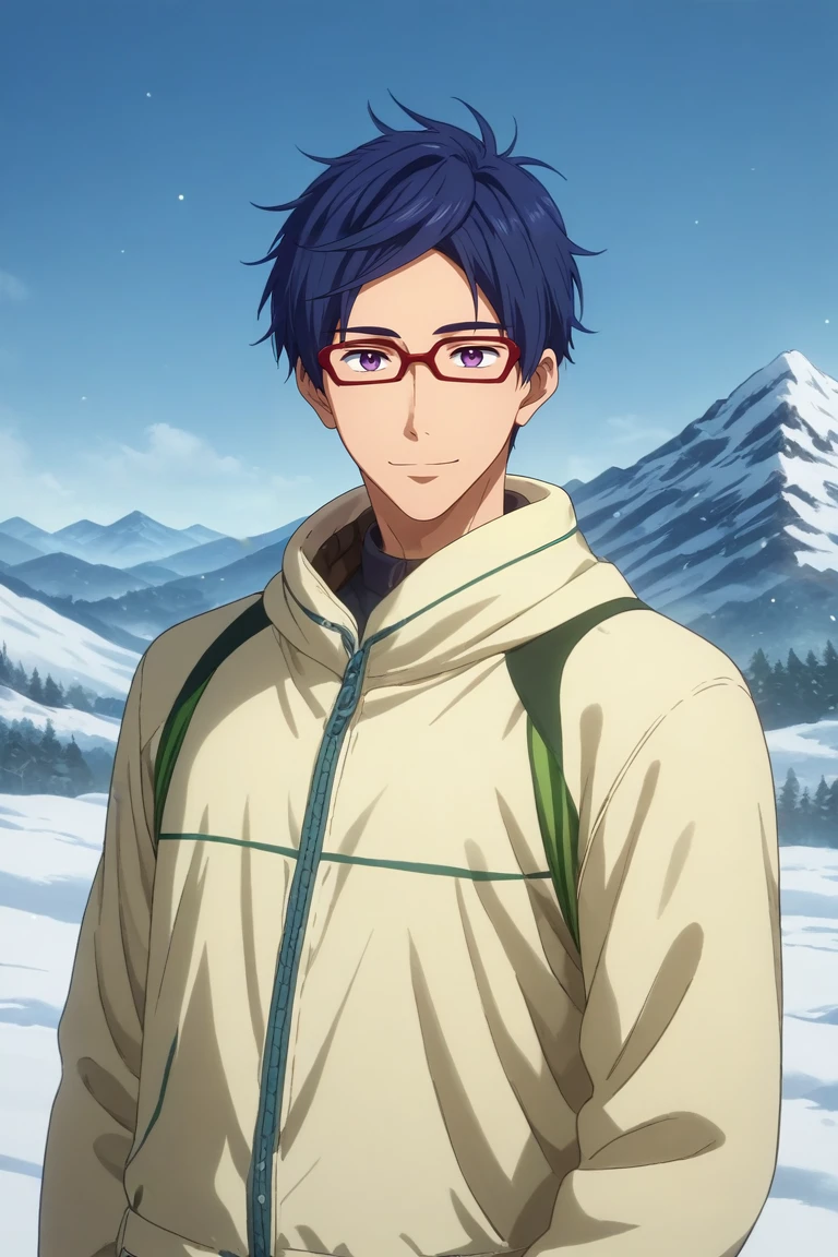 score_9, score_8_up, score_7_up, source_anime, rating_safe, , , looking at viewer, , 1boy, solo, male focus, <lora:rei_ryuugazaki_pony:0.9>, rei_ryuugazaki, blue hair, purple eyes, glasses, cowboy shot, snowy mountain, noon, pose, light smile, , <lora:sdxl_lightning_8step_lora:1>