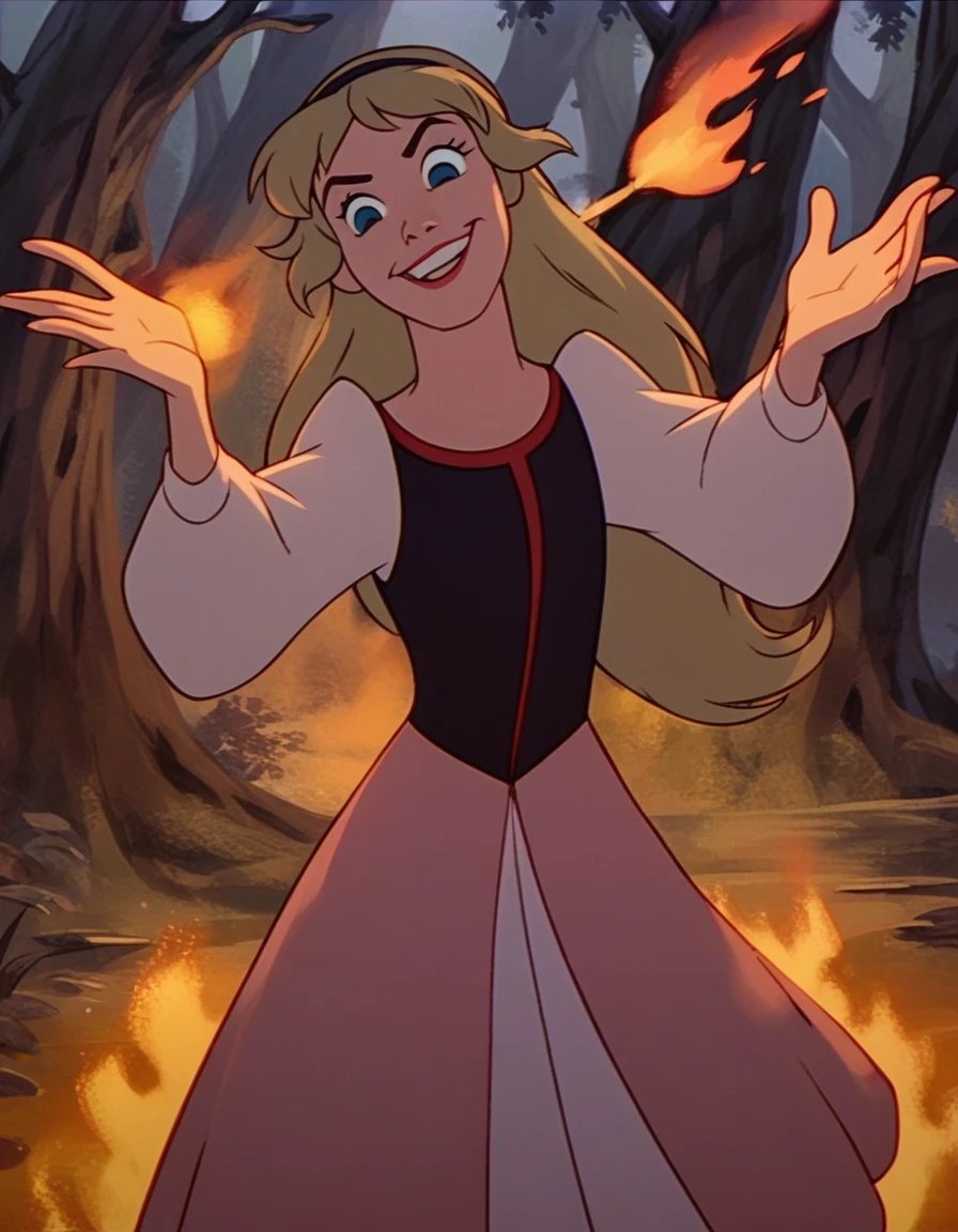 score_9,  score_8_up, score_7_up <lora:eilonwy-ponyxl-000050:1> eilonwy, dress, hairband,
1girl, solo, evil smile, outstretched arms, burning, embers, forest, night