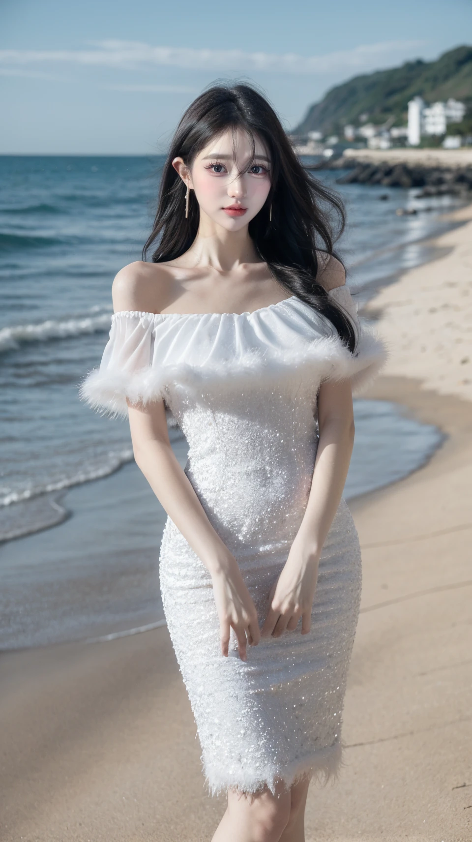 masterpiece,best quality,bright colors,solo,photo_,(1girl:1.3),(standing:1.3),(looking at viewer:1.4),Elegant,detailed gorgeous face,(cowboy shot:1.4),realistic,dappled sunlight,(seaside background:1.4),sun,,MIS,shiny dress,fur trim,<lora:MIS46:0.75>