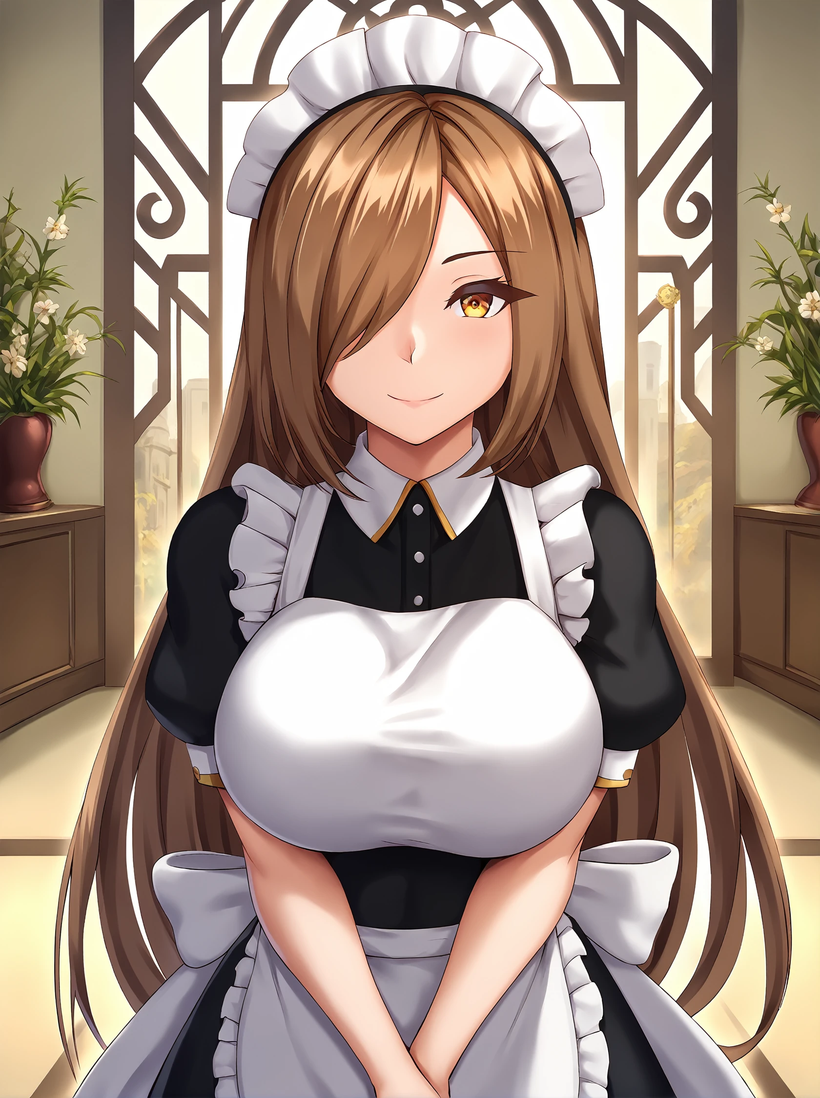 score_9,
<lora:yua_respati_v1_pruned:1>,
large breasts,
maid, smile, light blush,
long hair, brown hair, amber eyes, hair over one eye,
cowboy shot, looking at viewer, arms in front, v arms,
intricate, detailed, epic,
indoors,
rating_safe,
high resolution, Masterpiece, detailed