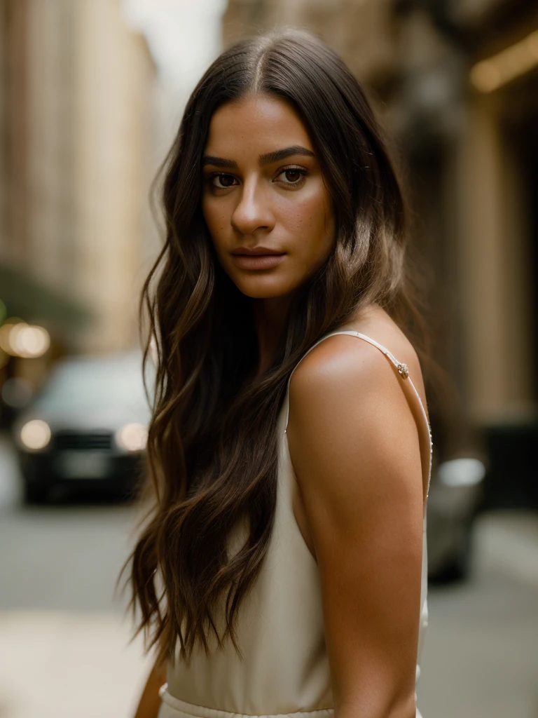 Realistic photo of a beautiful l34m1ch3l3 woman, 1girl, solo, long hair, looking at viewer, brown hair, brown eyes, lips, traditional media, portrait, realistic, soft Lighting, professional Photography, Photorealistic, detailed, RAW, analog, sharp focus, 8k, HD, DSLR, high quality, Fujifilm XT3, film grain, award winning, masterpiece<lora:l34m1ch3l3:1.0>