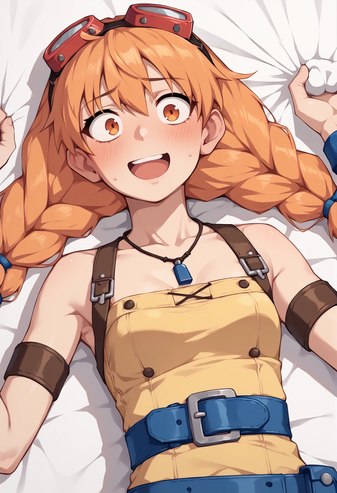 1girl, solo, twin braids, orange hair, long hair, orange eyes, necklace, dress straps, yellow dress, Goggles On Head, armlet, blue belt, wristband, laying, on bed, surprised, blushing, nervous smile, grabbing sheet, looking to the viewer, open mouth <lora:Aika_Skies_of_Arcadia_XL:1>, score_9, score_8_up, score_7_up, score_6_up, score_5_up, score_4_up, BREAK source_anime, masterpiece
