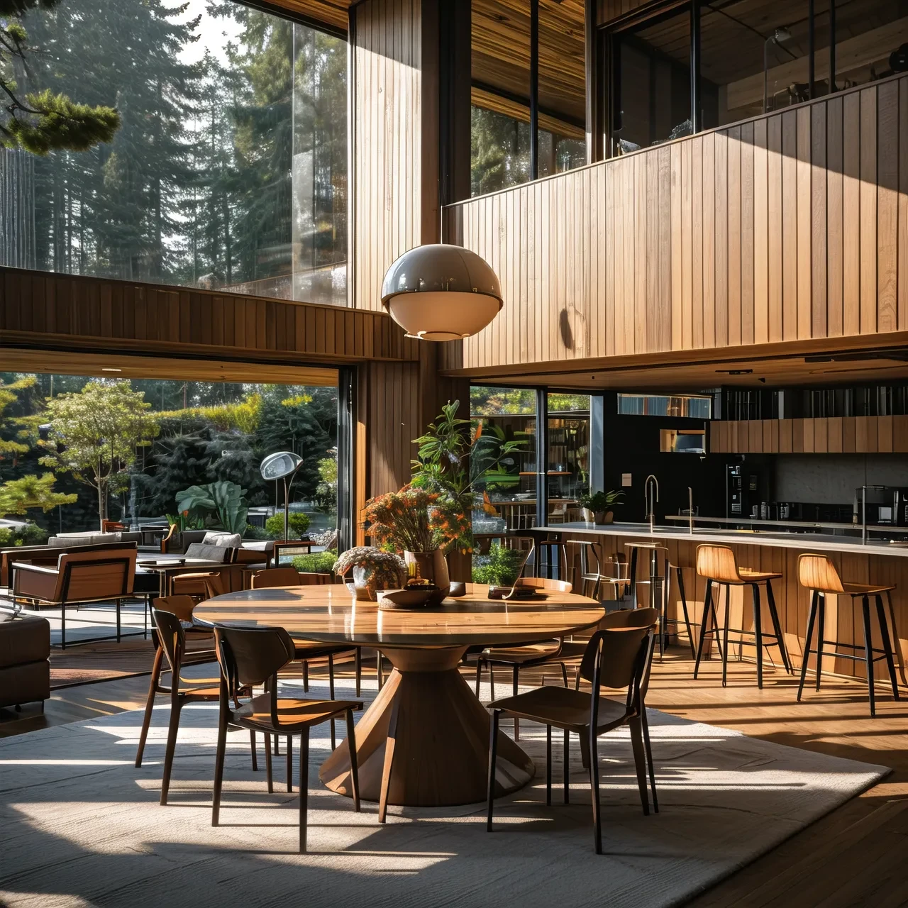 photo, interior, dining room, mid-century modern, dining table, tall window, wooden ceiling, open plan, kitchen, dining area, living room, potted plant, daylight, natural light, inviting, wide angle, tree outside, window, chair, table, shelf, atrium
wide angle,
<lora:AIDVN_midcentury_modern_interior:0.75>