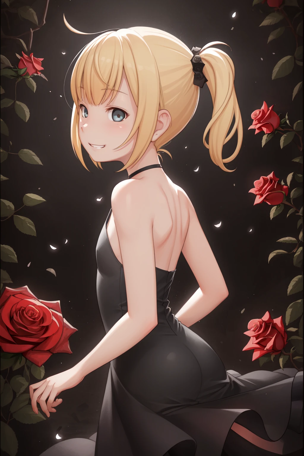 (masterpiece, best quality:1.2),
1girl, solo, (cute, petite:1.2), dark theme, dark, upper body, side face, grin, parted lips BREAK
(looking back, back focus), floating hair, black dress, bare shoulders,(delicate and beautiful eyes), flat chest, gothic fashion BREAK
(roses:1.2), fog, (fireflies), underlighting, bokeh, blurry background, strong visual impact, film lighting, from side