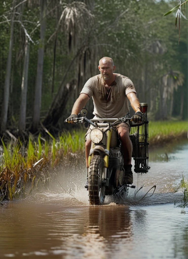 cinematic still of a man in a dirty white t-shirt riding the TWDDDBike through a swamp, flooded road, shaved head, hyperdetailed vehicle, rusty and weathered, shallow depth of field, <lora:TWDDDBike:1>