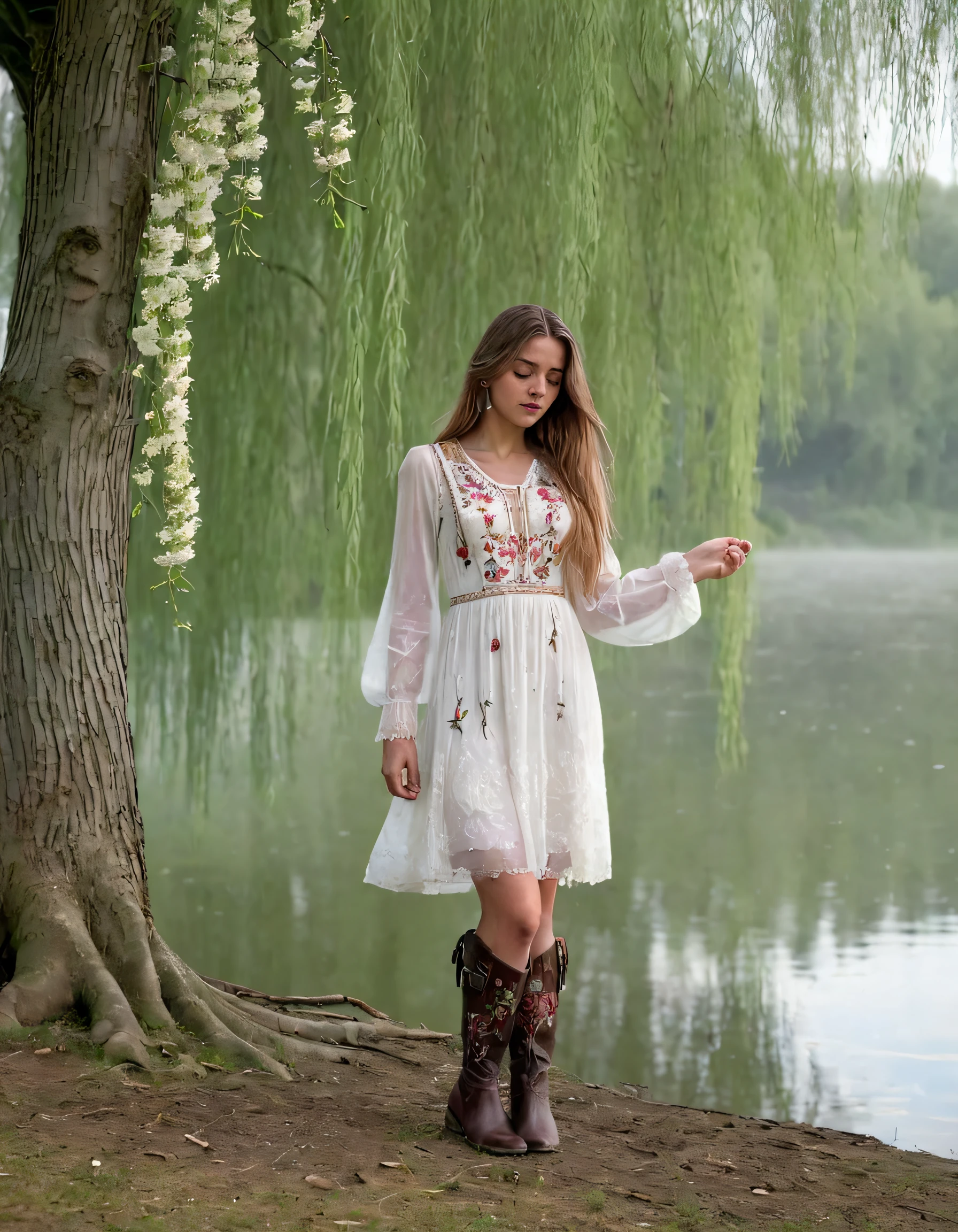 In a solitary scene, Evie stands elegantly as the sole woman on the lakeshore, sporting her white dress with intricate floral embroidery and worn leather boots, her long hair tousled by the misty morning breeze atop a tranquil lake, while standing near a willow tree; she poses for a photograph, holding a vintage camera close to her heart as she gazes upwards, capturing the moment with both grace and elegance. <lora:lrvxgs18f536767e0mb25:1>