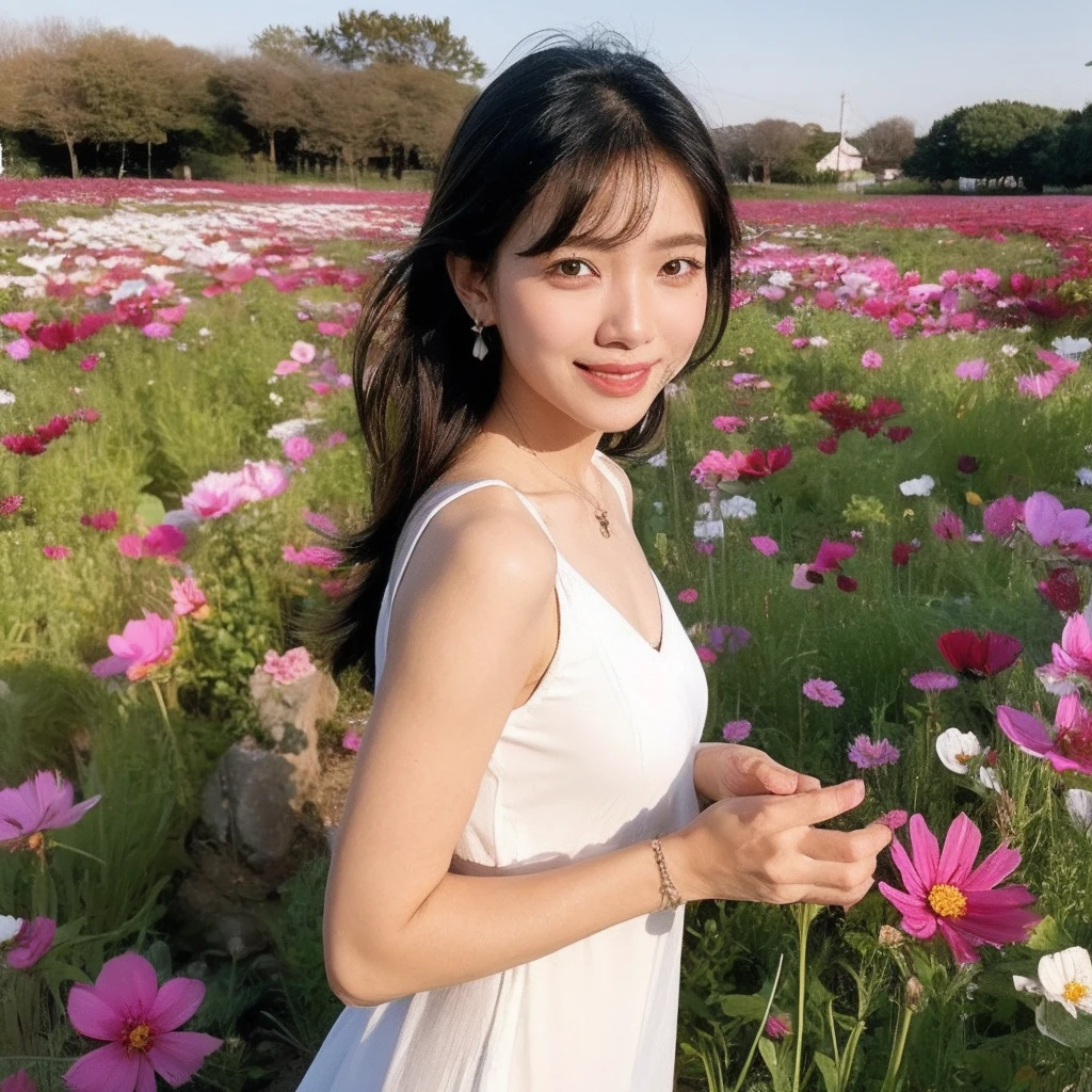 Best quality,masterpiece,ultra high res,(photorealistic:1.2),<lora:cosmos_bipinnatus:1>,cosmos_bipinnatus,flower,field,pink flower,flower field,grass,outdoors,scenery,purple flower,red flower,white flower,<lora:åå½±:0.6>,1girl,solo,full body,realistic,teeth,looking at viewer,smile,black hair,earrings,jewelry,bangs,((1girl dynamic pose in flower field)),good hands,