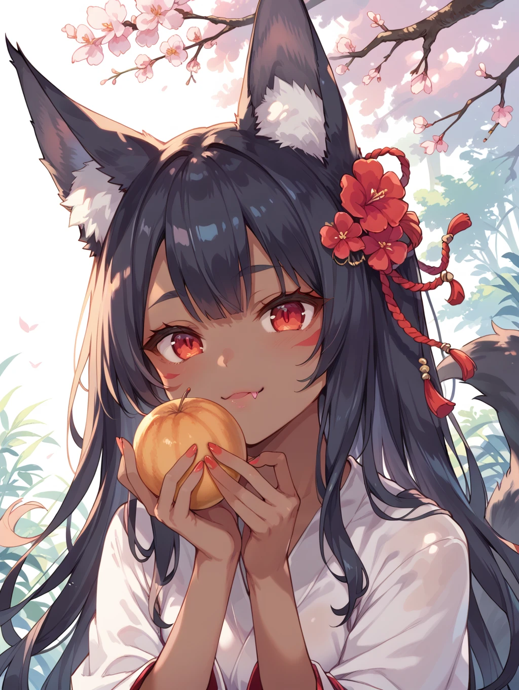 score_9, score_8_up, score_7_up,
perfect eyes, kitsune, werewolf, red eyes, black skin, pretty girl, cute girl, teasing