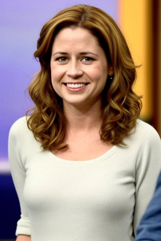 pmbsly, Best quality, professional, studio shoot, A young woman with a carefree smile, dressed in comfortable clothing, gazes directly into the camera lens. Her hair is long and wavy, framing her face in a natural way. She looks relaxed and confident, as if she's ready for anything.