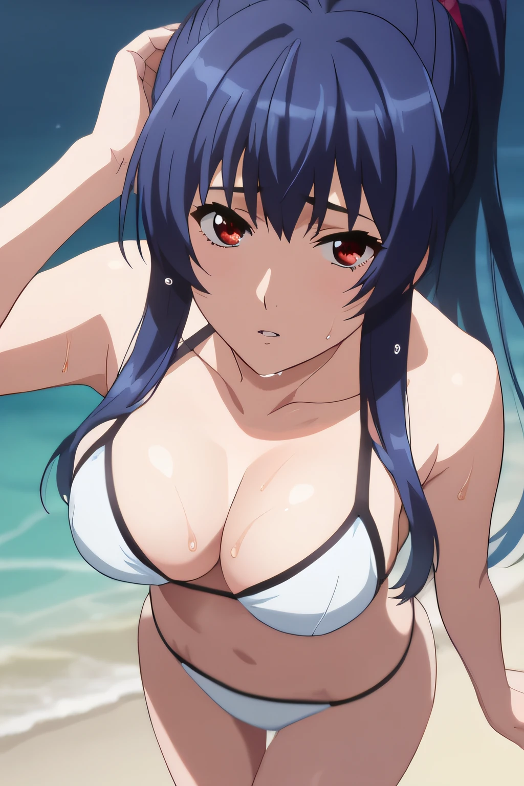 score_9, score_8_up, score_7_up, source_anime, rating_safe, intricate details, anime screencap, official style, <lora:PONY_Higashide_Kei:1>, kei, long hair, blue hair, red eyes, largue breasts, looking at viewer, simple background, ponytail, standing, white bikini, collarbone, cowboy shot, thighs, hand on hair, wet body, from above, ocean behind, sad expression, parted lips