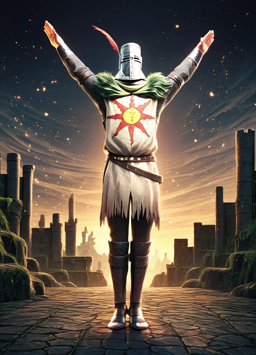 solaire dark souls chainmail armor knight male solo praise_the_sun pose, score_9, score_8_up, score_7_up, score_6_up, score_5_up, score_4_up, tabard helmet, sunrise starry_sky dramatic_lighting ruins castle river embers, <lora:Wisps_of_Light_Pony:0.5> mad-wsps <lora:Solaire__Dark_Souls__PonyXL:0.9>