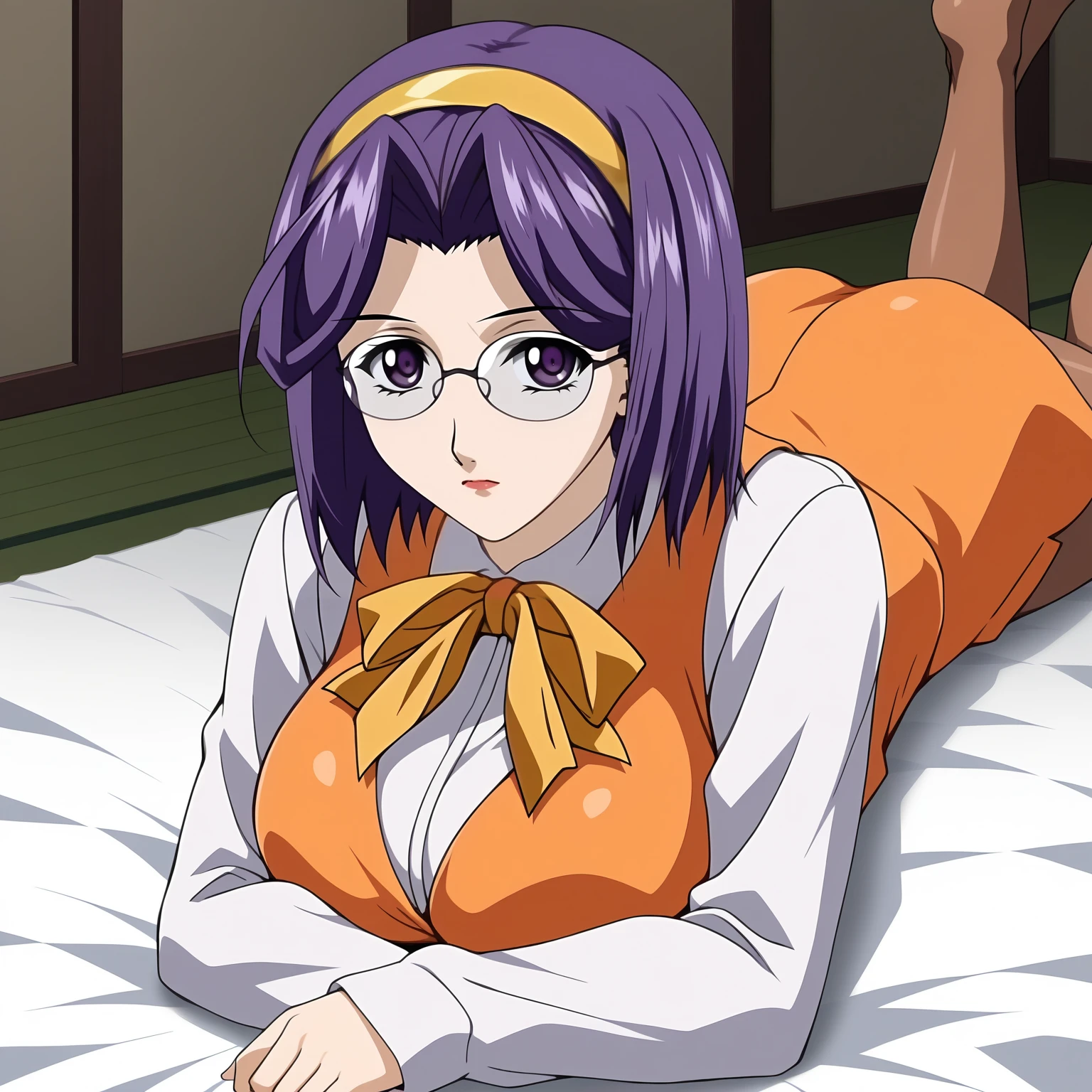 <lora:ChisaSakuraiXLpony001>,
solo,
ChisaSakurai,1girl,purple hair,hair band,medium hair,purple eyes,eyewear,large breasts,
white shirt,long_sleeves,yellow ribbon tie,orange vest,
orange pen silkart,
brown pantyhose,
on stomach,the_pose,