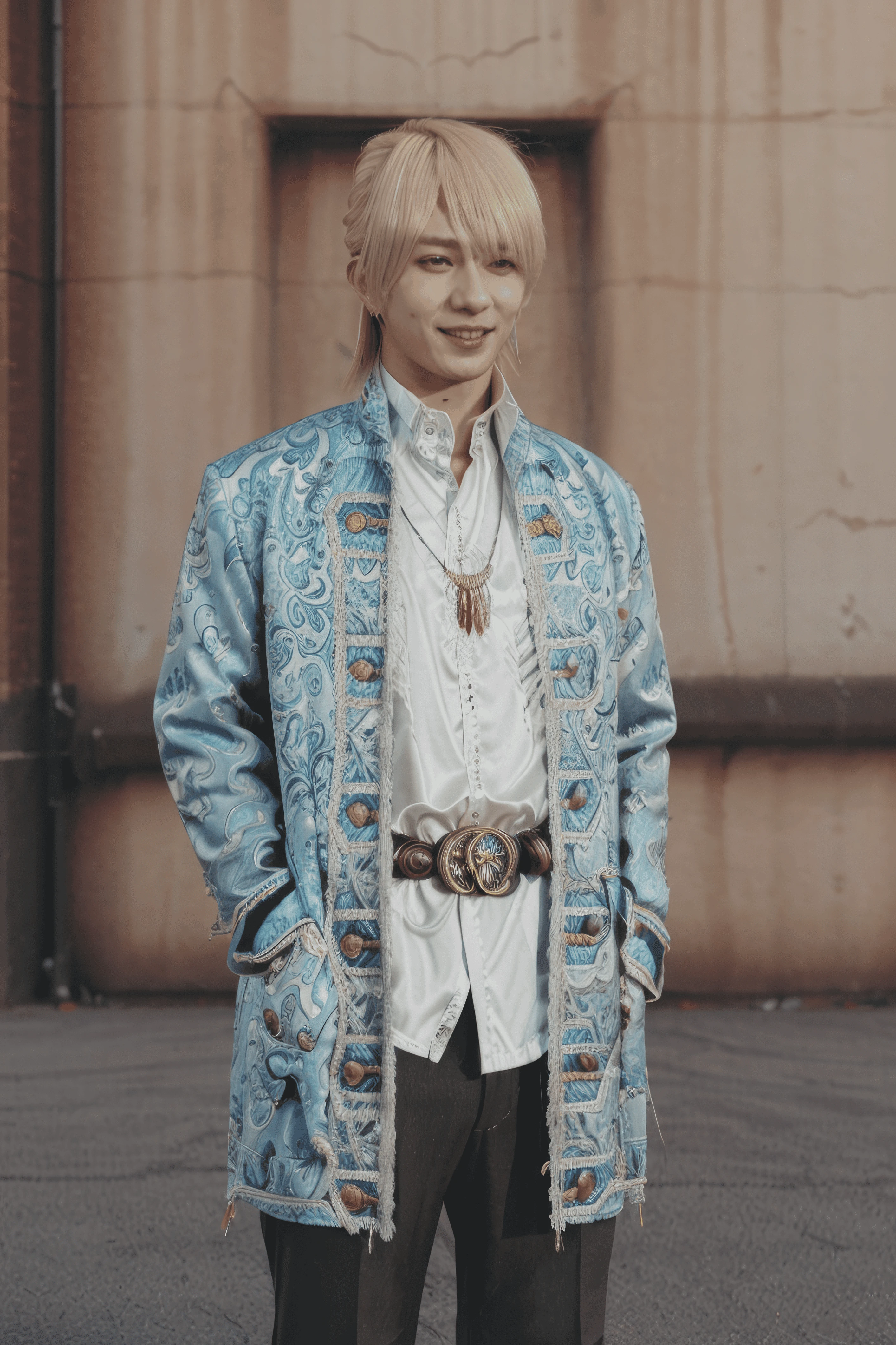 1boy, paisley pattern, blue paisley pattern long jacket, victorian style jacket, (solo), luxury clothes, earring with long thin design, blond hair, haircut short at front long back, semi long blond hair in rear, short hair in front of face, blonde hair, cosplay, jewelry, short hair, jacket, realistic, belt, necklace, ring, smile