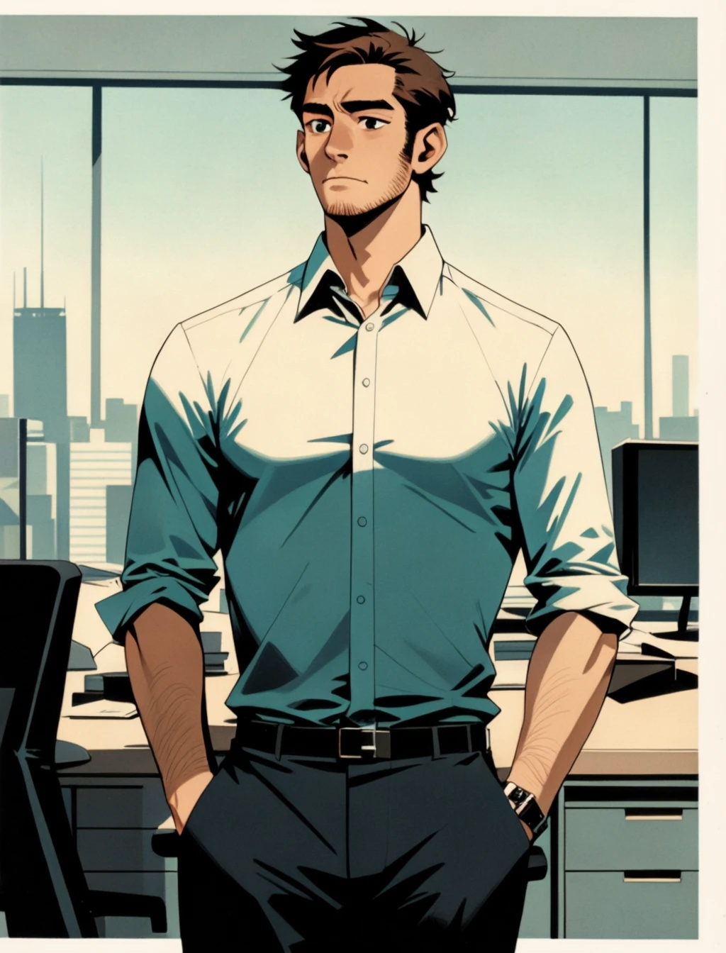 apg_v3, portrait, flat anime illustration of a man in tight shirt and slacks, solo, office setting,