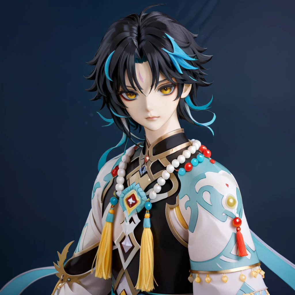 ultra-detailed,(best quality),((masterpiece)),(highres),original,extremely,<lora:Xiaox_xl:0.7>,(\xiao\),1boy,solo,jewelry,beads,bead necklace,ahoge,bangs,tassel,,<lora:twdoll:0.85>,full body,doll