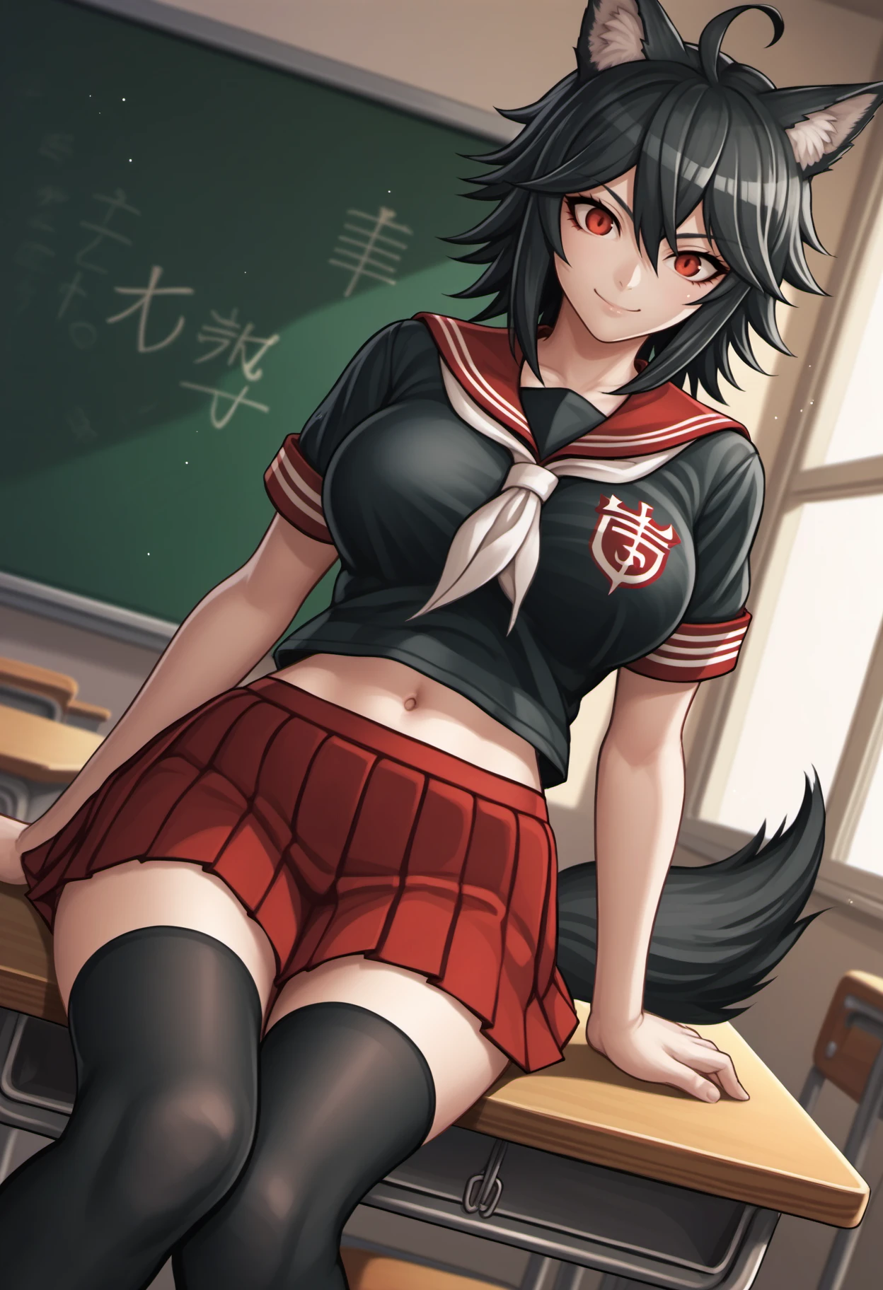 score_9, score_8_up, score_7_up, score_6_up, source_anime, BREAK cowboy shot, dutch angle, 1girl, solo, wolf girl, wolf ears, medium hair, black hair, red eyes, black serafuku, short sleeves, red sailor collar, large breasts, navel, pleated skirt, red skirt, zettai ryouiki, black thighhighs, wolf tail, smile, sitting on table, classroom, <lora:komatsuzakirui-PDXL-v2-10:1>