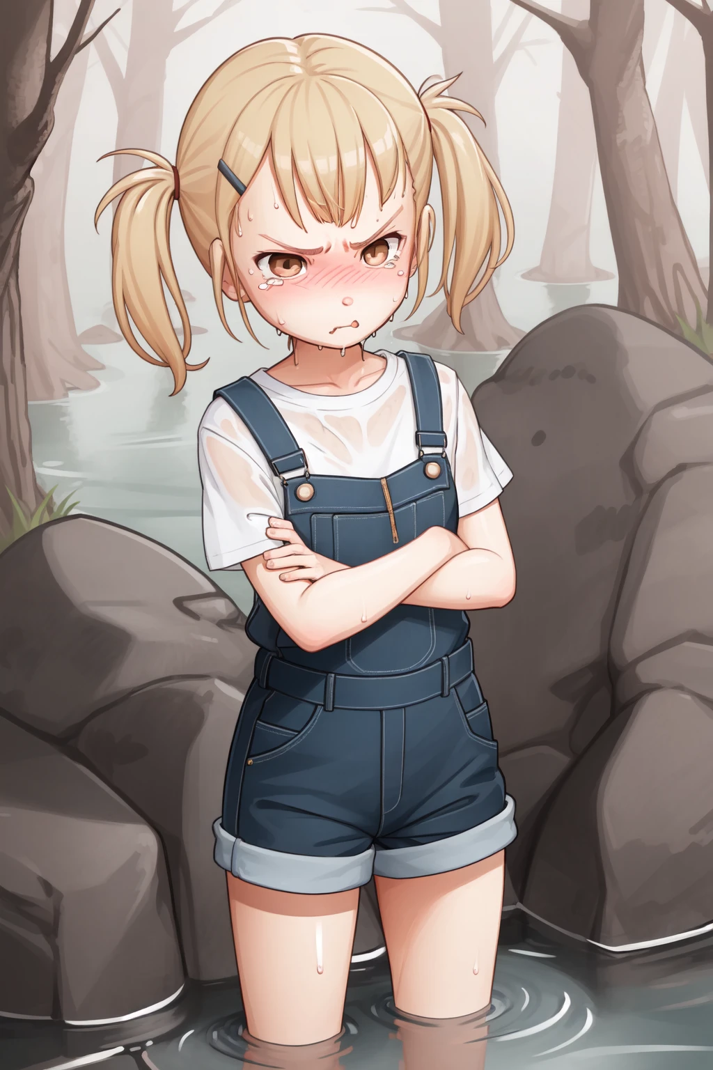 (masterpiece, best quality:1.2), 1girl, (:t:1.2), (pout, angry:1.1), tearing up, brown eyes, blonde hair, twintails, hairclip, forehead BREAK white t-shirt, pink overalls, crossed arms BREAK (partially submerged:1.1), (wet, wet clothes, dripping), forest, river