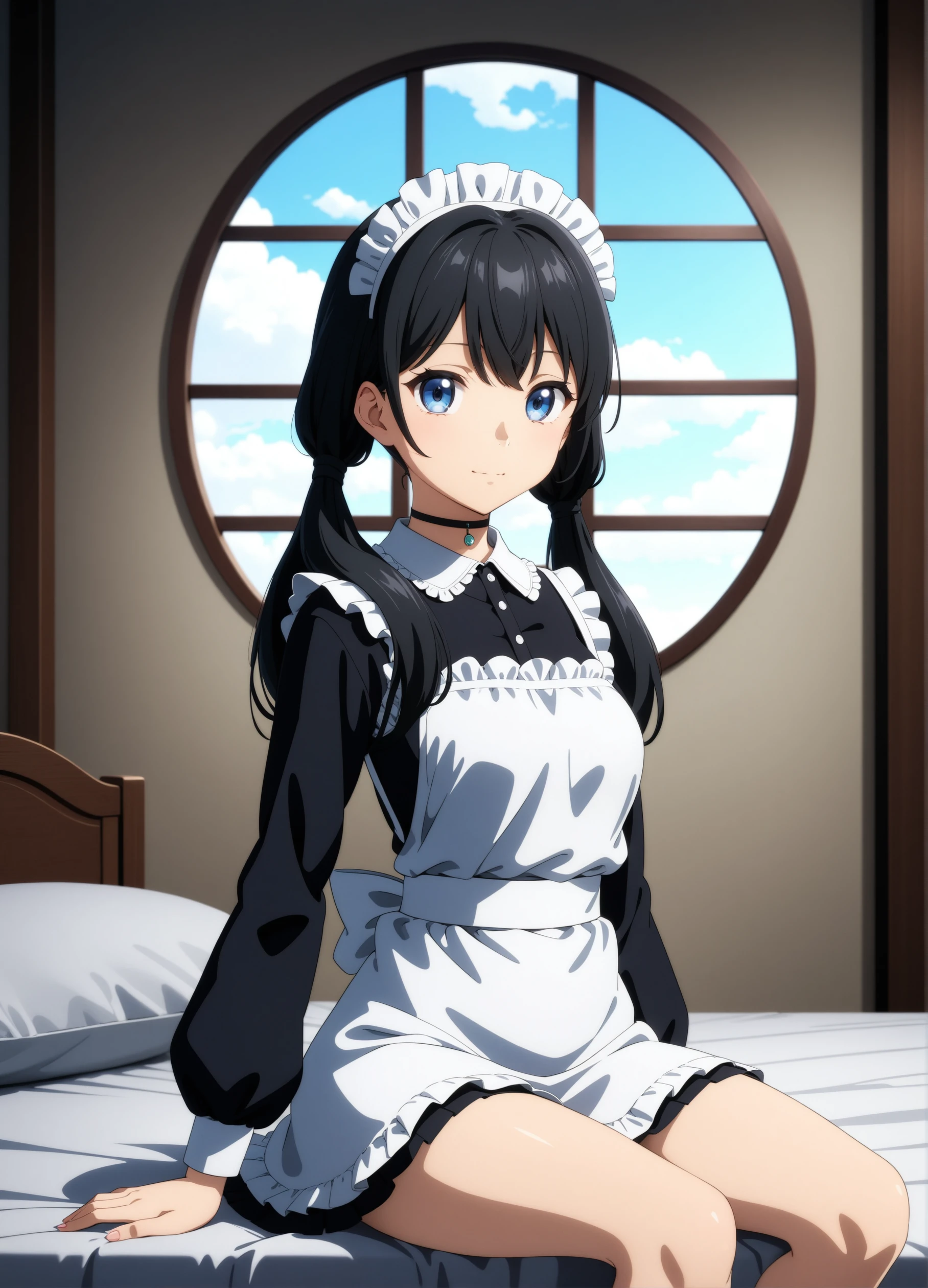 masterpiece, best quality, very aesthetic, ultra detailed, intricate details, 4k, anime style, anime coloring,
1girl, solo, twintails, long hair, bangs, low twintails, black hair, blue eyes, hair between eyes, tenki no ko, amano hina \(tenki no ko\),
maid, maid headdress, maid apron, lace trim, lace, long sleeves, puffy long sleeves,
sitting, arms support, cowboy shot, looking at viewer, indoors, bed, window, <lora:Amano_XL:1>
