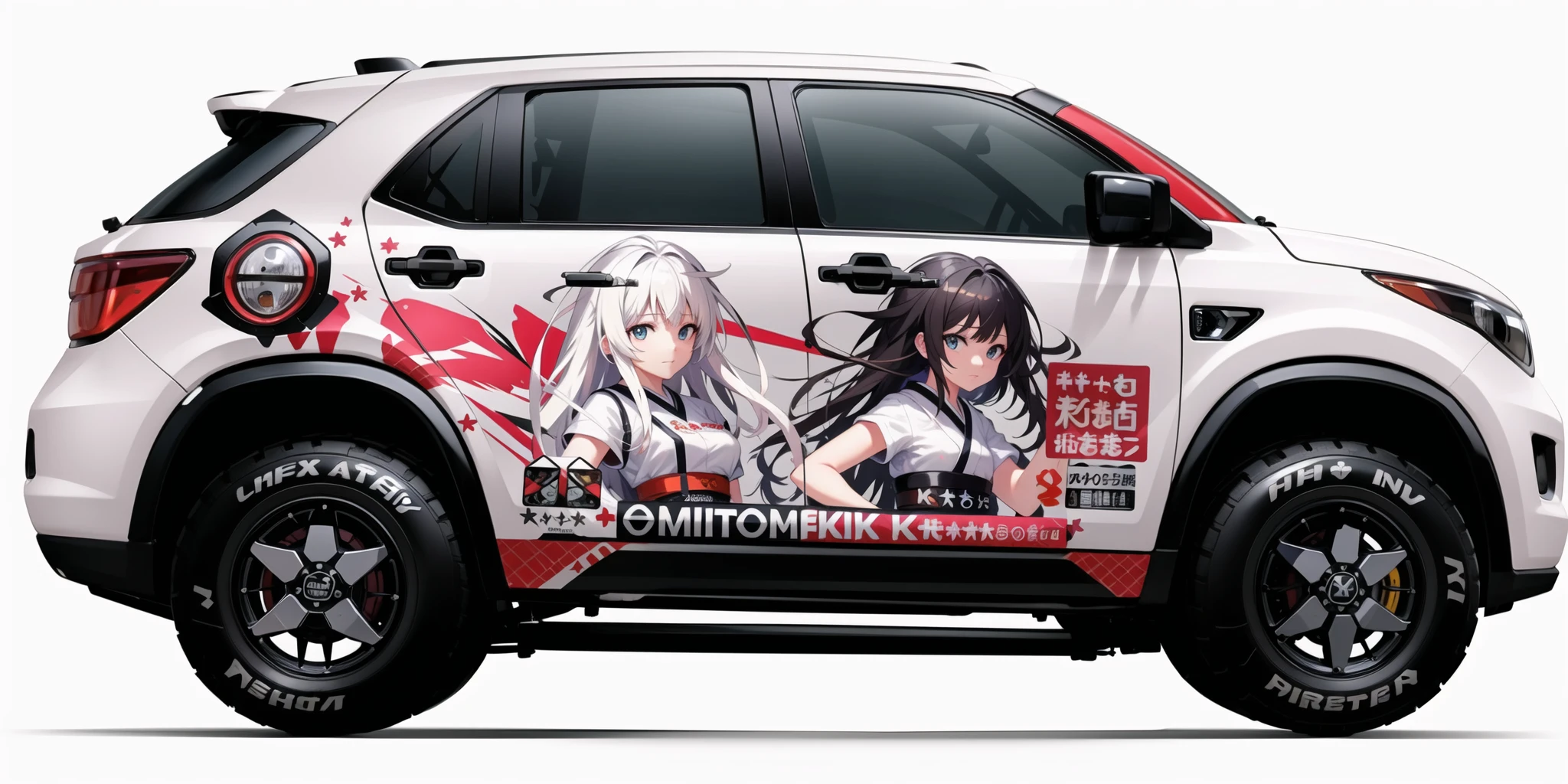 itasha design,(masterpiece:1.2),(best quality:1.2),(1car:1.1),ground vehicle,(sports car:1.3),(vehicle focus:1.2),(white background:2.1),(simple background:1.7),(extremely detailed CG unity 8k wallpaper:1.6),(masterpiece, top quality, best quality:1.5),colorful,1girl,portrait,(delicate eyes and face:1.2),volumatic light,(extreme detailed:1.2),(realistic, photo-realistic:1.27),(CG:1.1),unity,(wallpaper:1.3),colorful,(highest detailed:1.3),(looking at viewer:1.1),solo,logo,(english text:0.3),japanese clothes,close-up,<lora:itashadesign:0.55>,