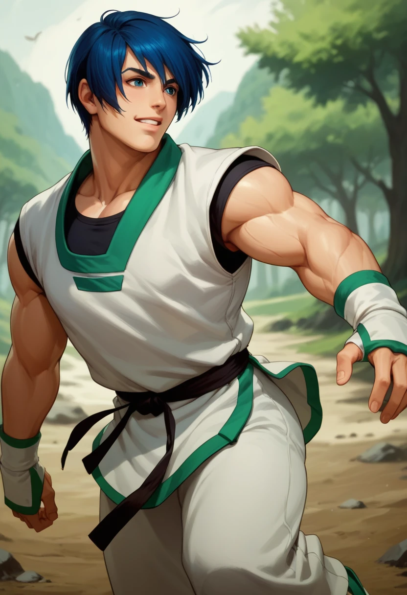 score_9, score_8_up, score_7_up, masterpiece, best quality, amazing quality, best aesthetic, ,absurdres, kim jae hoon, blue hair, blue eyes, fingerless gloves, barefoot, white with green karate gi<lora:EMS-367782-EMS:1.000000>