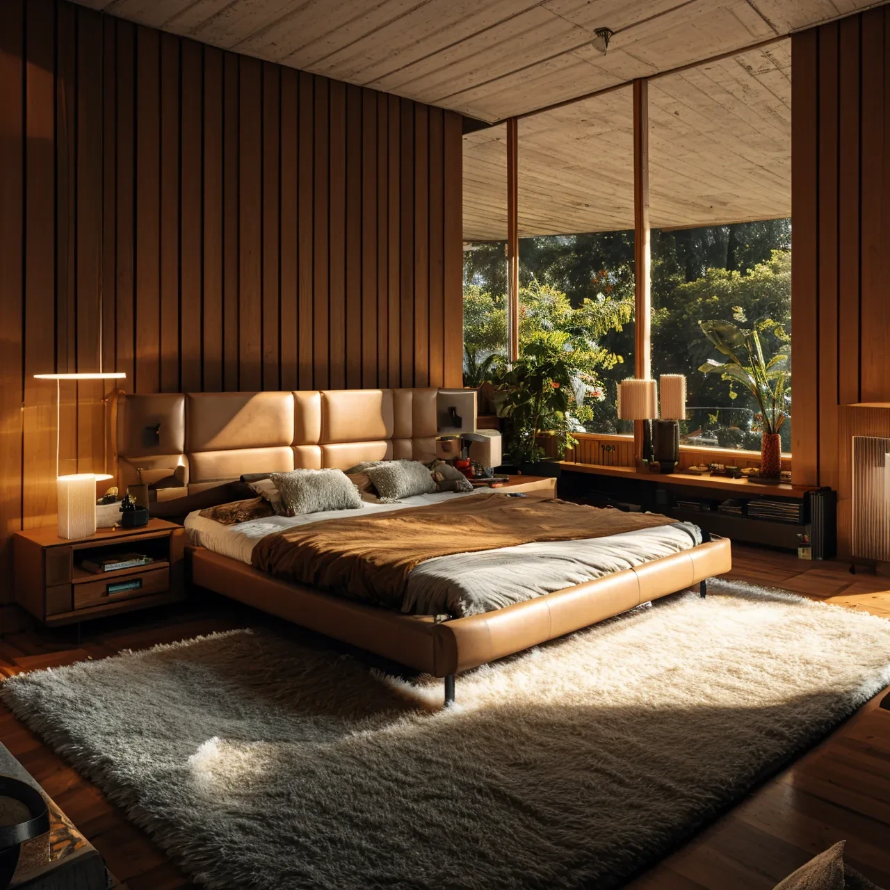 photo, interior, bedroom, mid-century modern, bed, wooden furniture, ceiling, tall window, potted plant, leather furniture, shag rug, warm lighting, natural light, wide angle, cushion, book, window, bed, chair, table, leather sofa, lamp, carpet, rug, atrium 
wide angle,
<lora:AIDVN_midcentury_modern_interior:0.75>