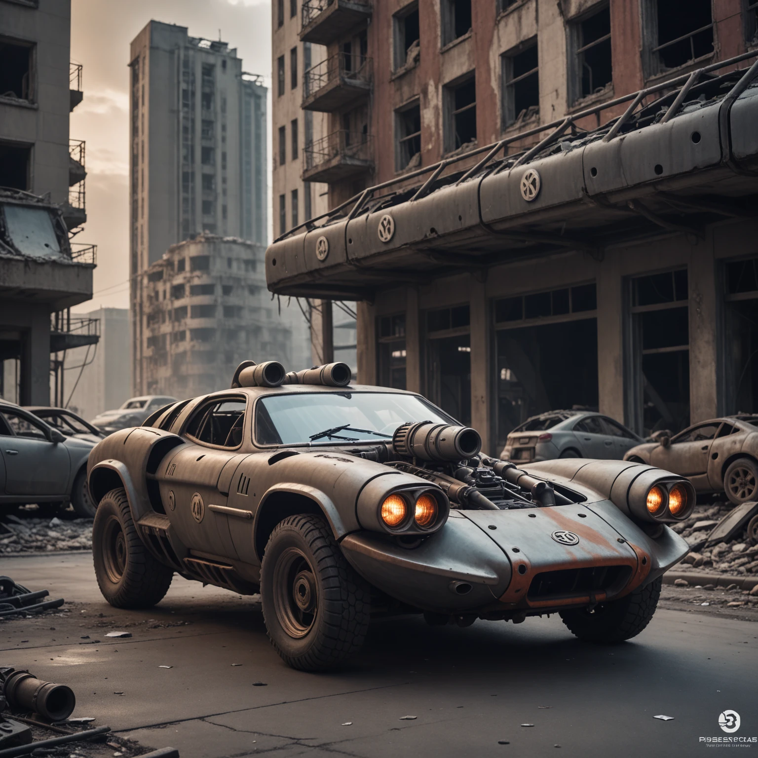 cinematic film still an futuristic cyberpunk,gun turret, dieselpunk sports car in a destroyed city after an nuclear blast . shallow depth of field, vignette, highly detailed, high budget, bokeh, cinemascope, moody, epic, gorgeous, film grain, grainy, high quality photography, 3 point lighting, flash with softbox, 4k, Canon EOS R3, hdr, smooth, sharp focus, high resolution, award winning photo, 80mm, f2.8, bokeh