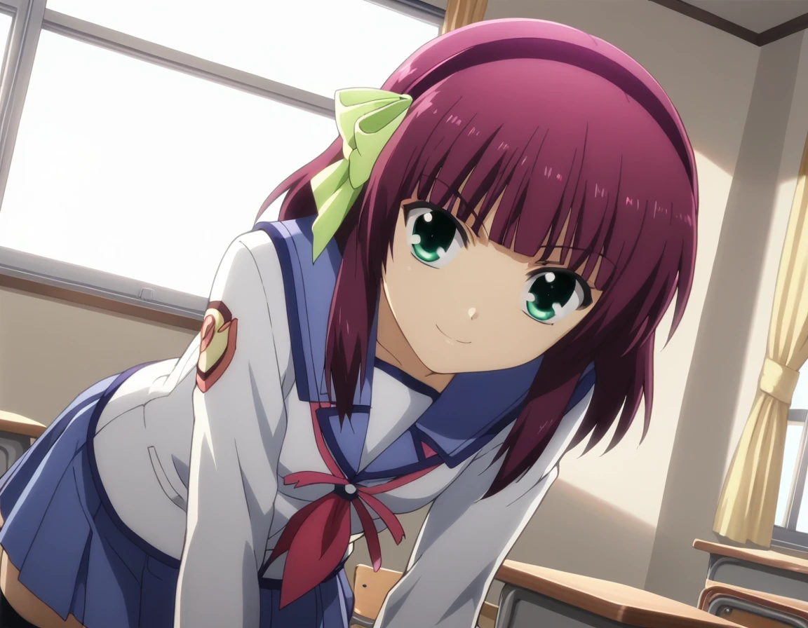 score_9, score_8_up, score_7_up, source_anime,
yurinakamura, <lora:yuri-nakamura-s1-ponyxl-lora-nochekaiser:1>,
yuri nakamura, short hair, green eyes, purple hair, hairband,
skirt, thighhighs, school uniform, serafuku, zettai ryouiki,
indoors, classroom, bent over, smile,
looking at viewer, solo, cowboy shot, dutch angle,