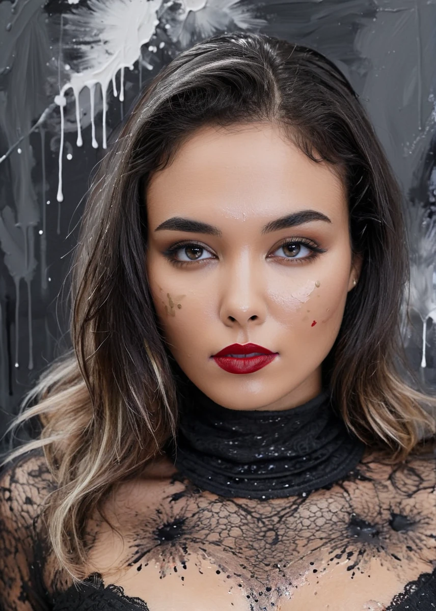 (acrylic painting:1.5), A captivating masterpiece of an woman, half body, dressed in a turtleneck Blouse, The intricate lace and gold details exude a very rebellious aura, bold and daring makeup look, The use of high-shine gloss adds a touch of glamour while the deep red and black hues give it a dramatic vampy vibe, studio lighting, look to the camera, background blurred, <lora:MS_Ciel_V1_SDXL:0.8>, (only uses 256 different shades in total), (brush strokes:0.6), medium contrast, (paint drips:0.5), stark, (dripping paint:0.5), (splatters:0.5), (dramatic:0.4), (photorealistic:0.2)