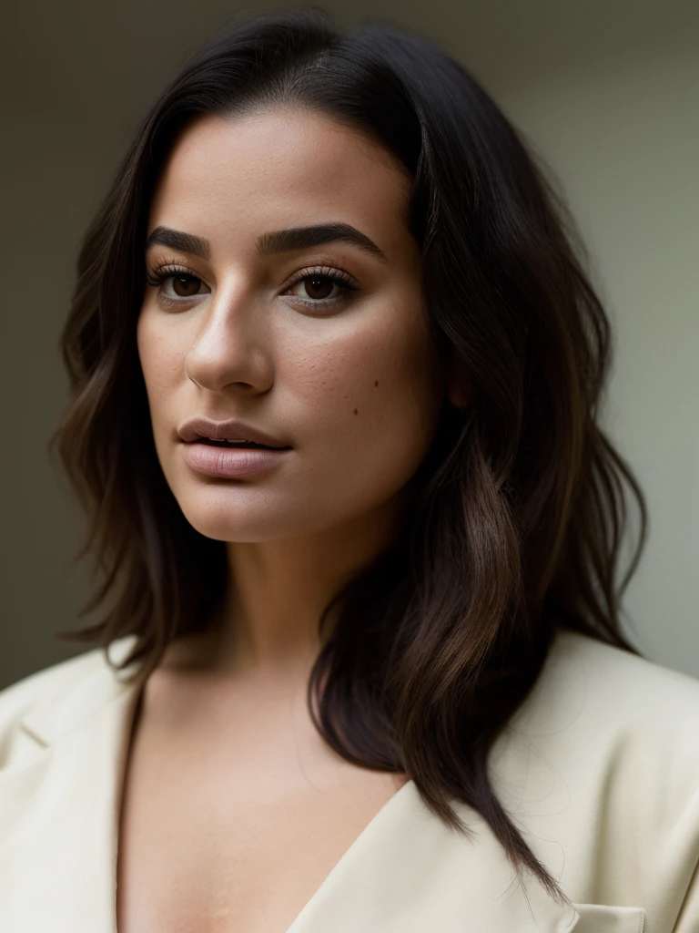 Realistic photo of a beautiful l34m1ch3l3 woman, 1girl, solo, long hair, looking at viewer, simple background, brown hair, shirt, black hair, brown eyes, jacket, white shirt, upper body, parted lips, open clothes, mole, lips, realistic, nose, soft Lighting, professional Photography, Photorealistic, detailed, RAW, analog, sharp focus, 8k, HD, DSLR, high quality, Fujifilm XT3, film grain, award winning, masterpiece<lora:l34m1ch3l3:1.0>